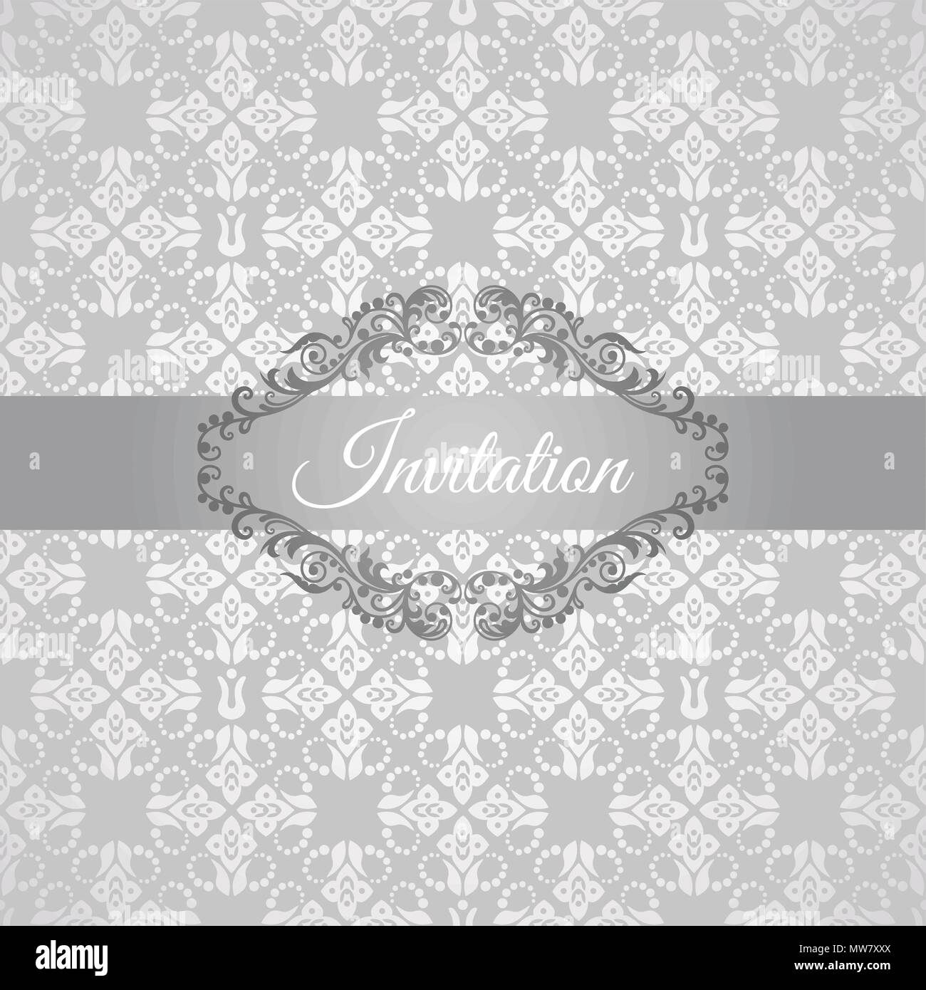 Silver floral invitation with a floral frame. This image is a vector illustration Stock Vector