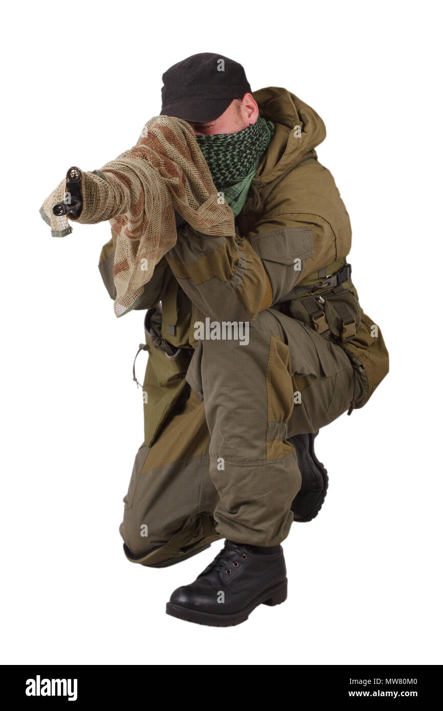 guerilla sniper with SVD rifle isolated on white background Stock Photo