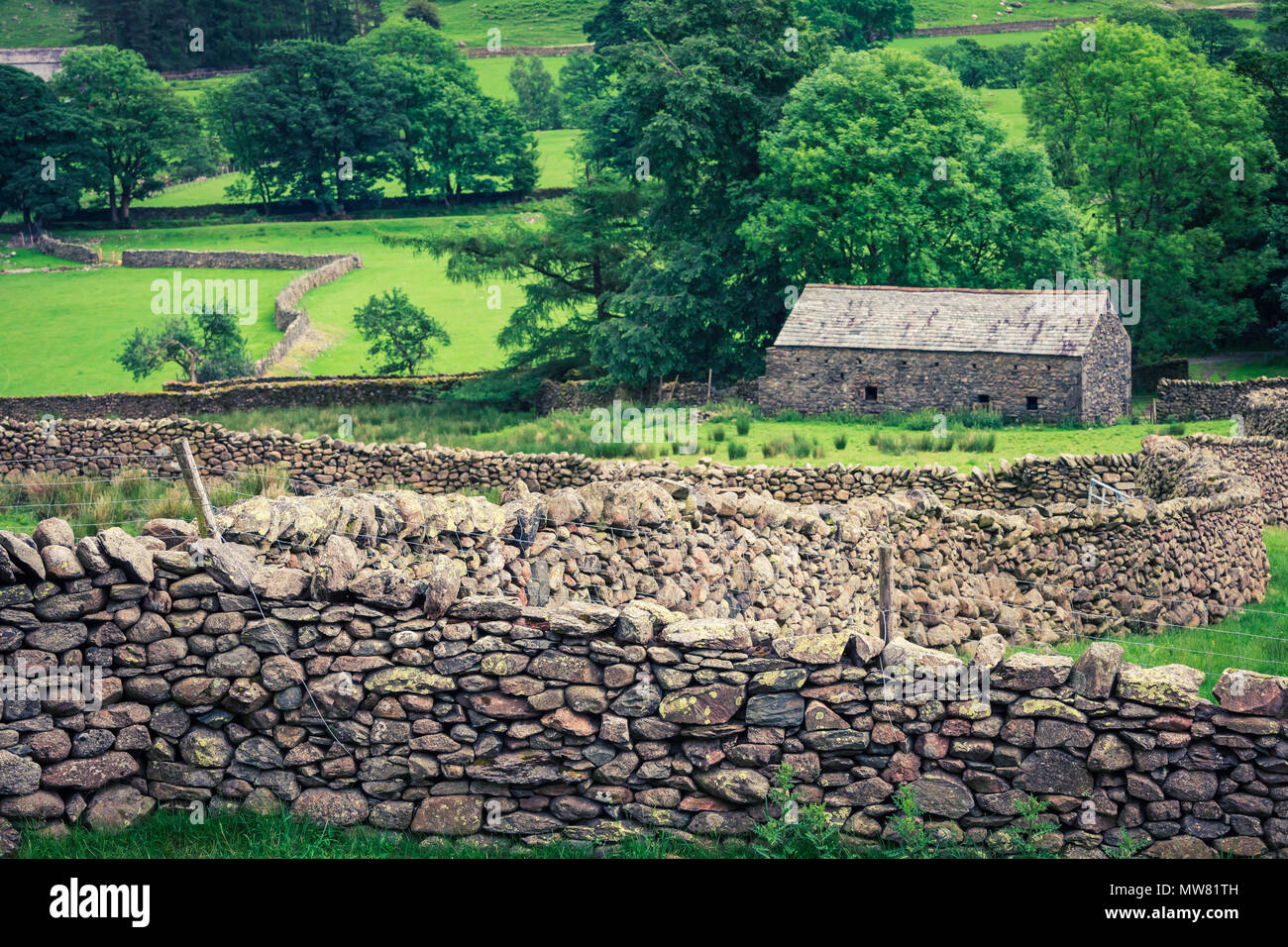 Old stone house and wall in the green field, England Stock Photo - Alamy