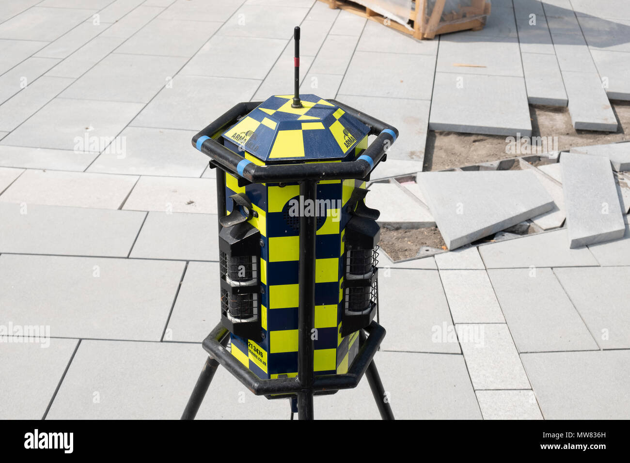 Armadillo perimeter intruder detection system at a construction site in the UK. The system is an armoured battery powered intruder / theft alarm syste Stock Photo