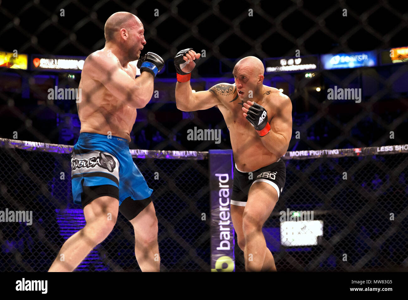 Shaun Hampton (left) versus Gaz Corran (right) at ACB 54 in Manchester, UK. Absolute Championship Berkut, Mixed Martial Arts, MMA fight, MMA cage fighting. Stock Photo