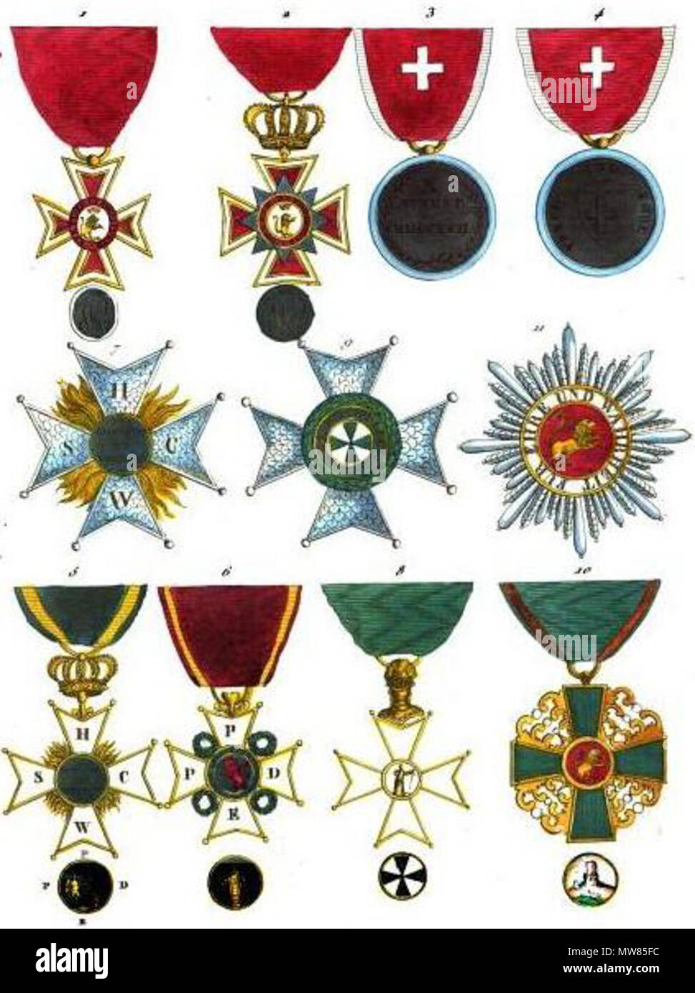 .  Français : Collection historique des ordres de chevalerie civils et militaires... English: Collection of historical orders of chivalry civil and military...: 1. Order of Golden Lion, grand cross badge since 1816 (Hesse-Kassel) 2. Order of Golden Lion, commander badge since 1816 (Hesse-Kassel) 4. Médaille du 10 août 1792, reverse (Switzerland) 4. Médaille du 10 août 1792, reverse (Switzerland) 5. Order of the Four Emperors, badge (Limburg) 6. Order of St Philip of the Lion (Limburg) 7. Order of the Four Emperors, star (Limburg) 8. Order of Saint Joachim, badge (Saxony-Coburg-Saalfeld) 9. Ord Stock Photo