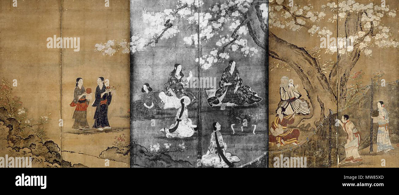 English Merry Making Under Aronia Blossoms Kaka Yuraku 日本語 紙本著色花下遊楽図 Right Of A Pair Of Six Section Folding Screens Byōbu Depicted Is A Party Scene Of Noblewomen Under Cherry Trees Jap Yaezakura