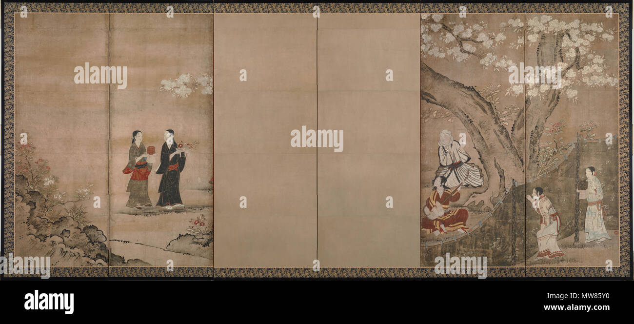 English Merry Making Under Aronia Blossoms Kaka Yuraku 日本語 紙本著色花下遊楽図 Right Of A Pair Of Six Section Folding Screens Byōbu Depicted Is A Party Scene Of Noblewomen Under Cherry Trees Jap Yaezakura