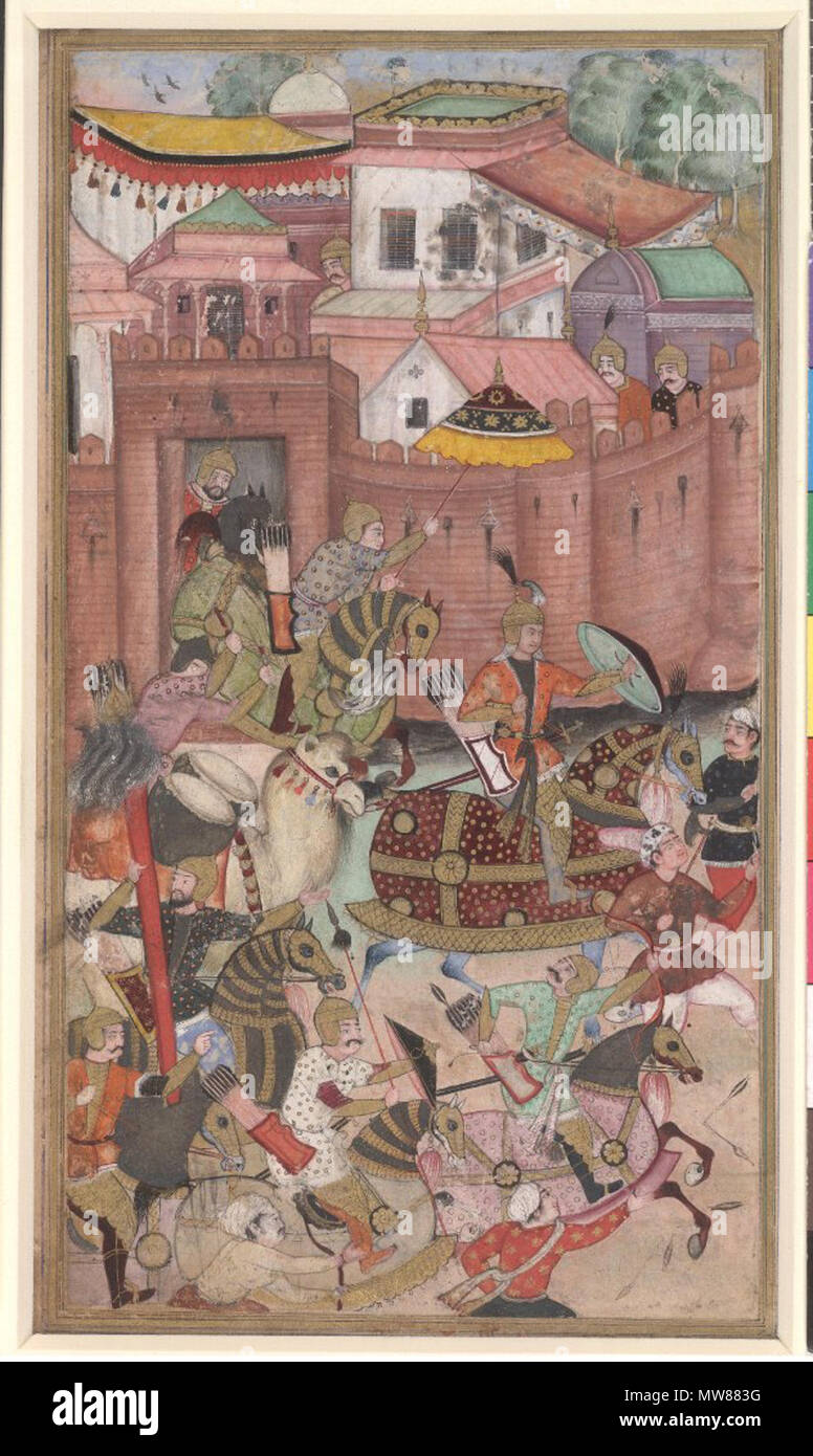 . English: Painting, detached from album. Babur and his army emerge from the Khwaja Didar Fort, from a Baburnama manuscript. Babur is shown riding a fully armoured horse, emerging with his cavalry from the Khwaja Didar fort, where he wintered in 1497. A drummer rides a camel behind him and another soldier leans forward to hold a parasol over Babur's head. The broken arrows in the left foreground indicate that the battle with Shaybani Khan the Uzbek has already begun. The fort is ringed with red brick walls and crenellated battlements. Inside a tomb with a vaulted roof, various buildings, pavil Stock Photo