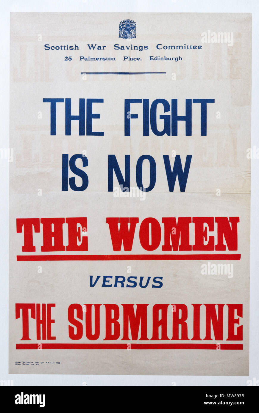 A British first world war poster promoting that the fight between women and submarines, encouraging women to avoid wasting food to counter the German  Stock Photo