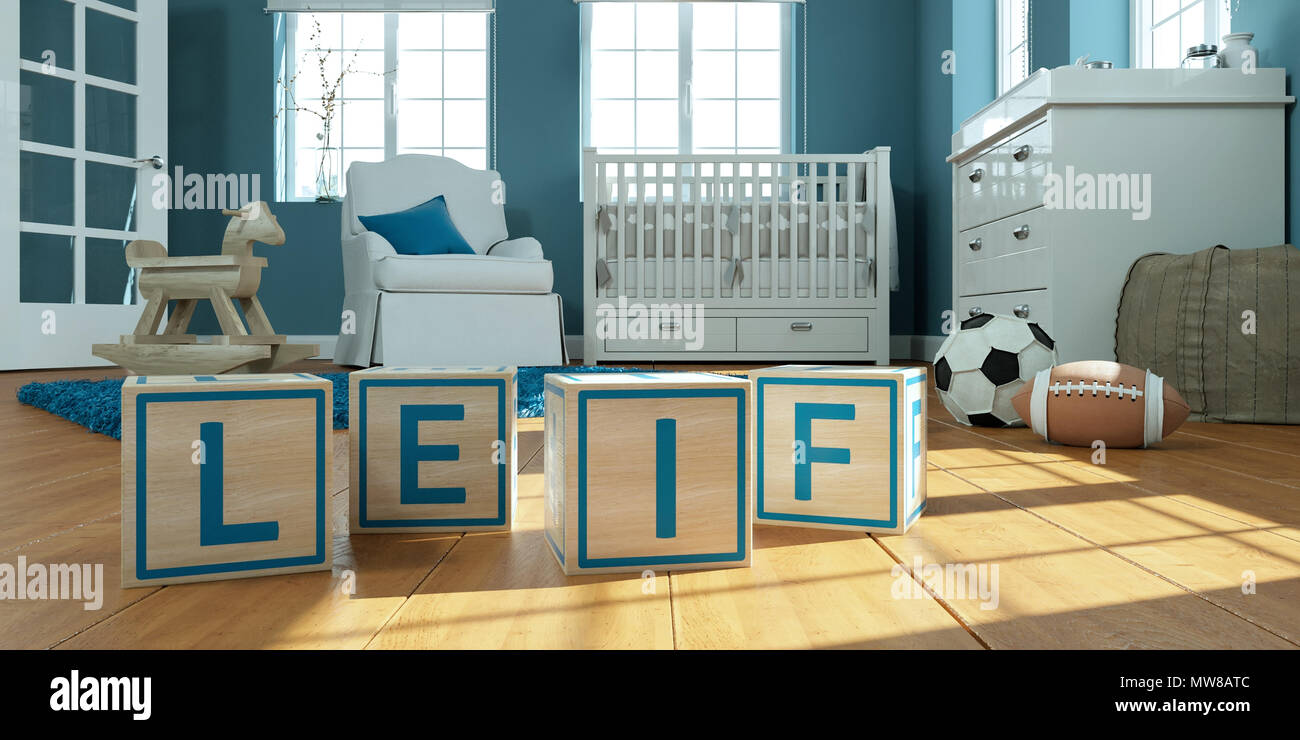3D Illustration of the name leif written with wooden toy cubes in children's room Stock Photo