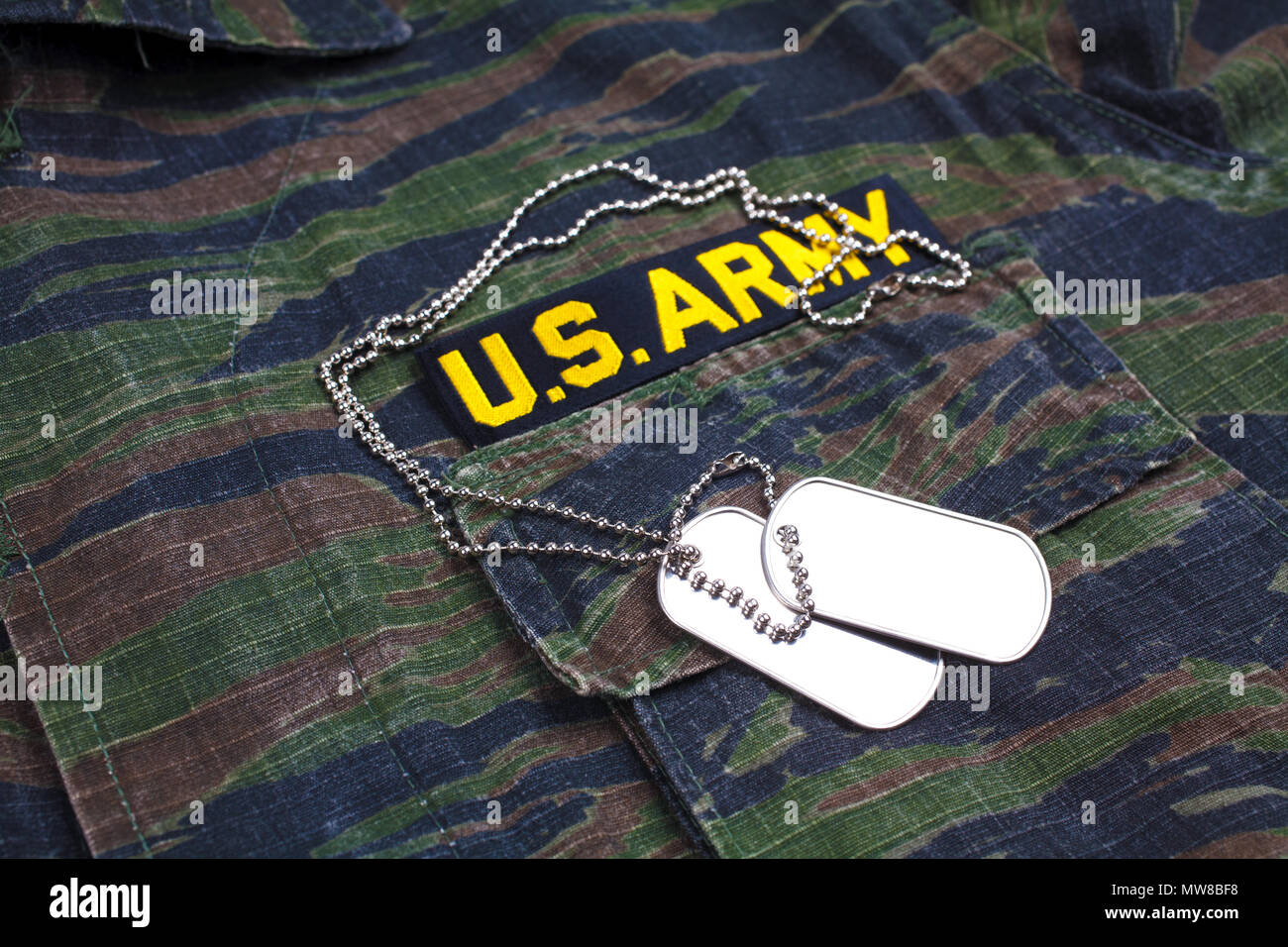 KIEV, UKRAINE - Sept 12, 2016. US ARMY branch tape and dog tags on tiger stripe camouflage uniform Stock Photo