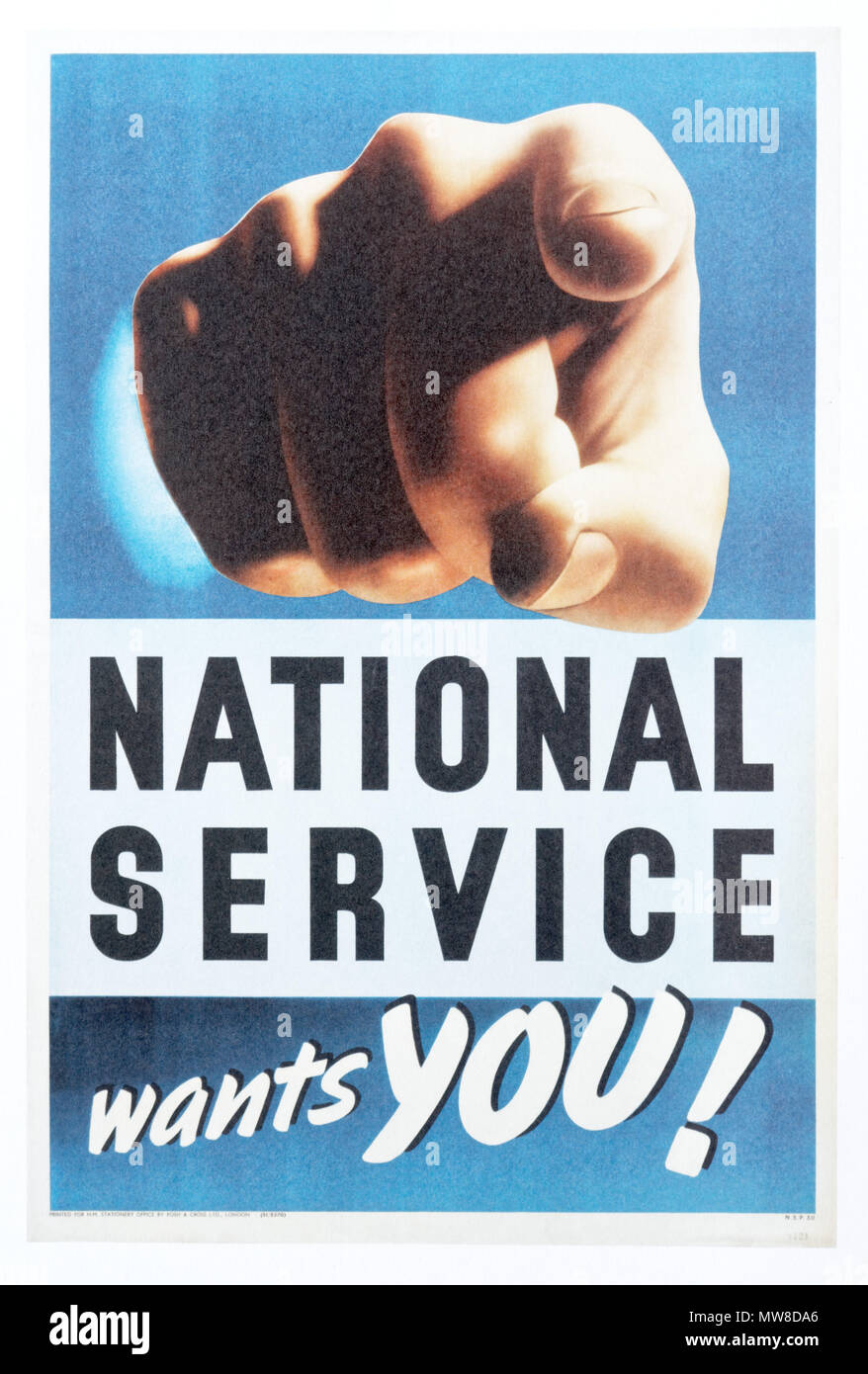 A second world war poster saying National Service Wants You, calling young men to compulsory military of industrial service. Stock Photo