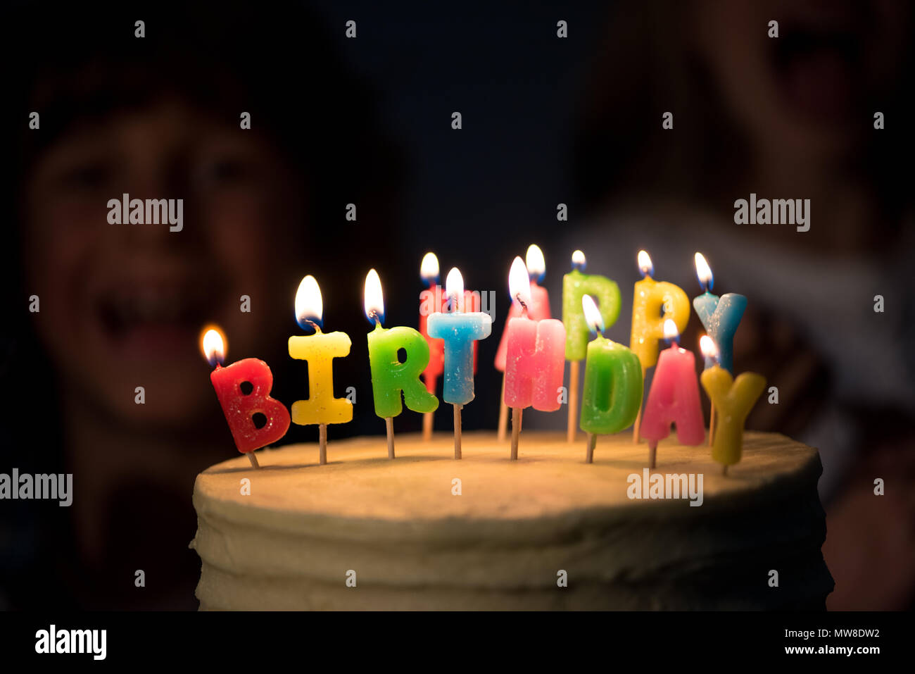 Close Up View Of Delicious Birthday Cake With Burning Candles In