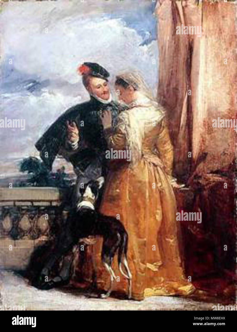 .  English: Robert Dudley, Earl of Leicester and his wife Amy Robsart. Painting of the Romantic era by Richard Parkes Bonington. . 1820s  90 Bonington Amy Robsart and the Earl of Leicester Stock Photo