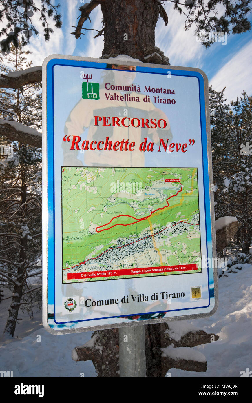 Information sign about snowshoes path, Pian di Gembro Nature Reserve, Lombardy, Italy Stock Photo