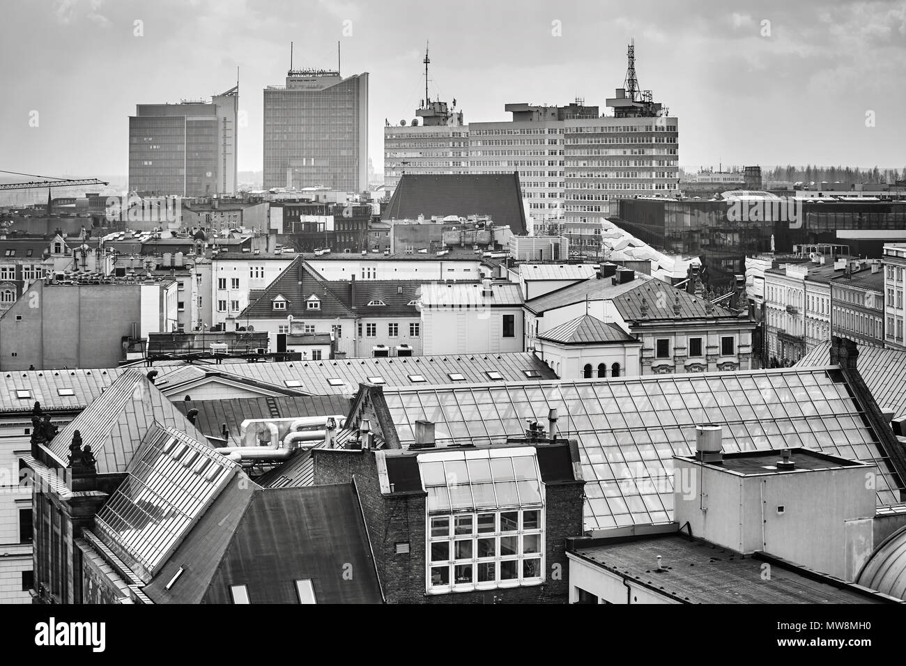 Black and white aerial picture of Poznan, Poland. Stock Photo