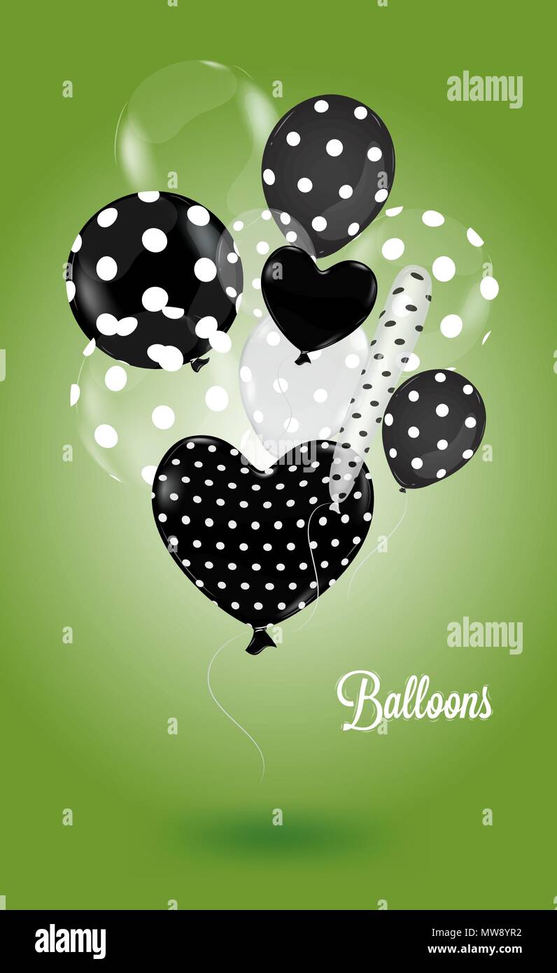 Black and white balls round and heartshaped with a polka dot pattern
