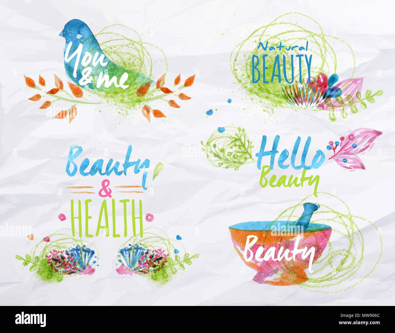 Watercolor symbols elements on beauty bright flowers twigs nature stylized as freehand drawing with watercolor Stock Vector