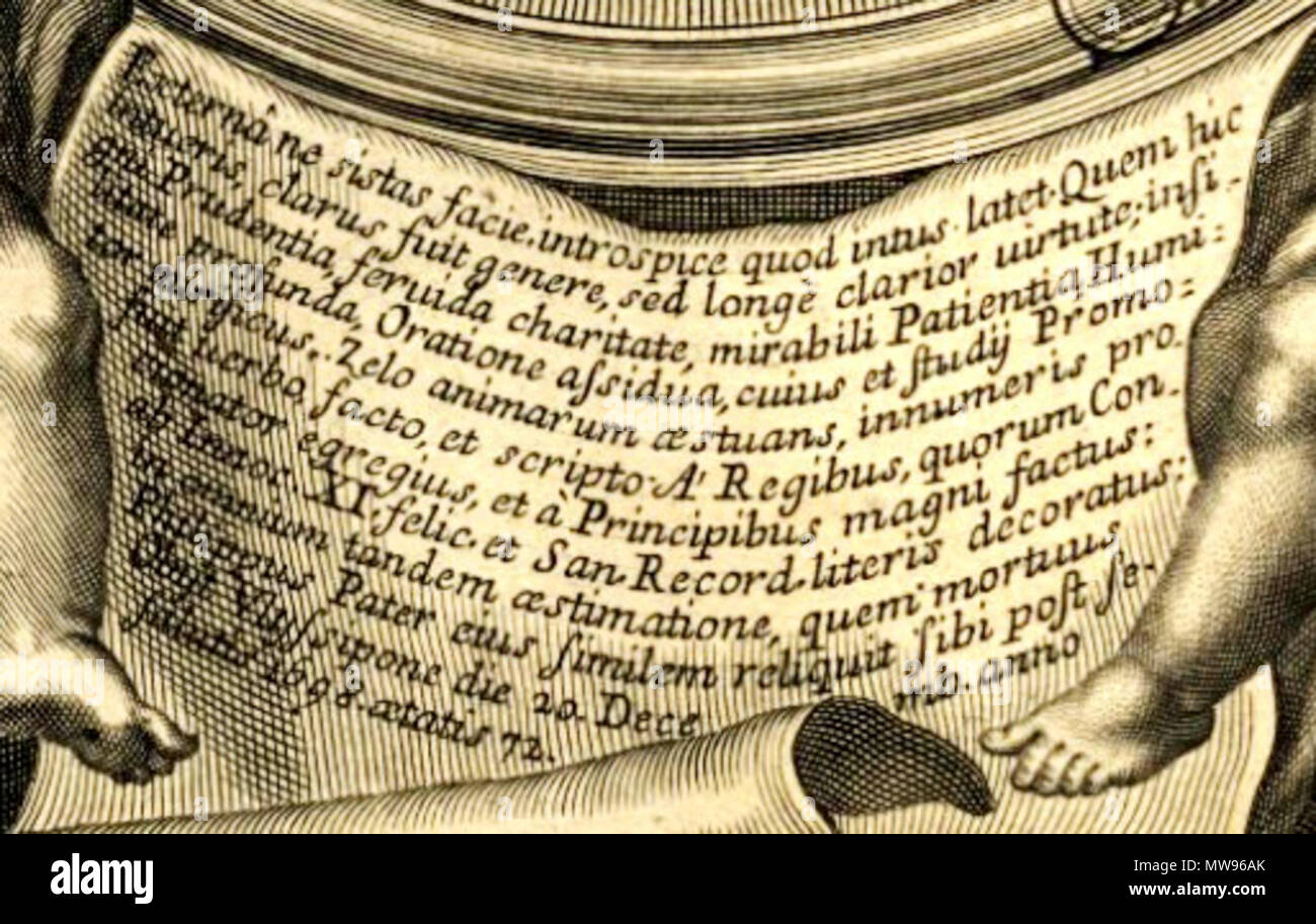 . English: Bartolomeu de Quental, engraving, detail: Latin inscription . 17th century. Unknown 73 Bartolomeu de Quental Inscription Stock Photo