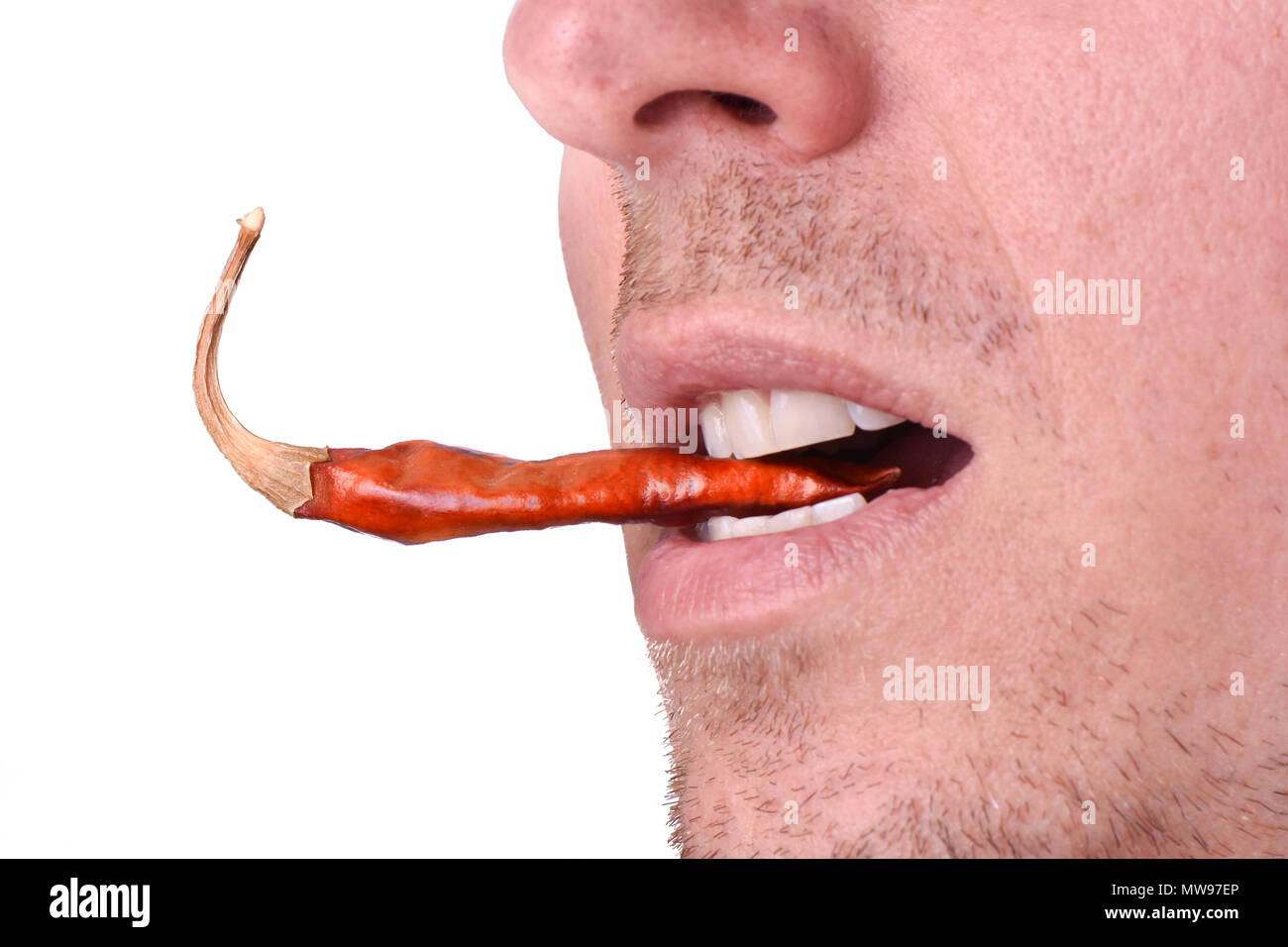 Bearded man eating a spicy red hot pepper on a white background Stock Photo