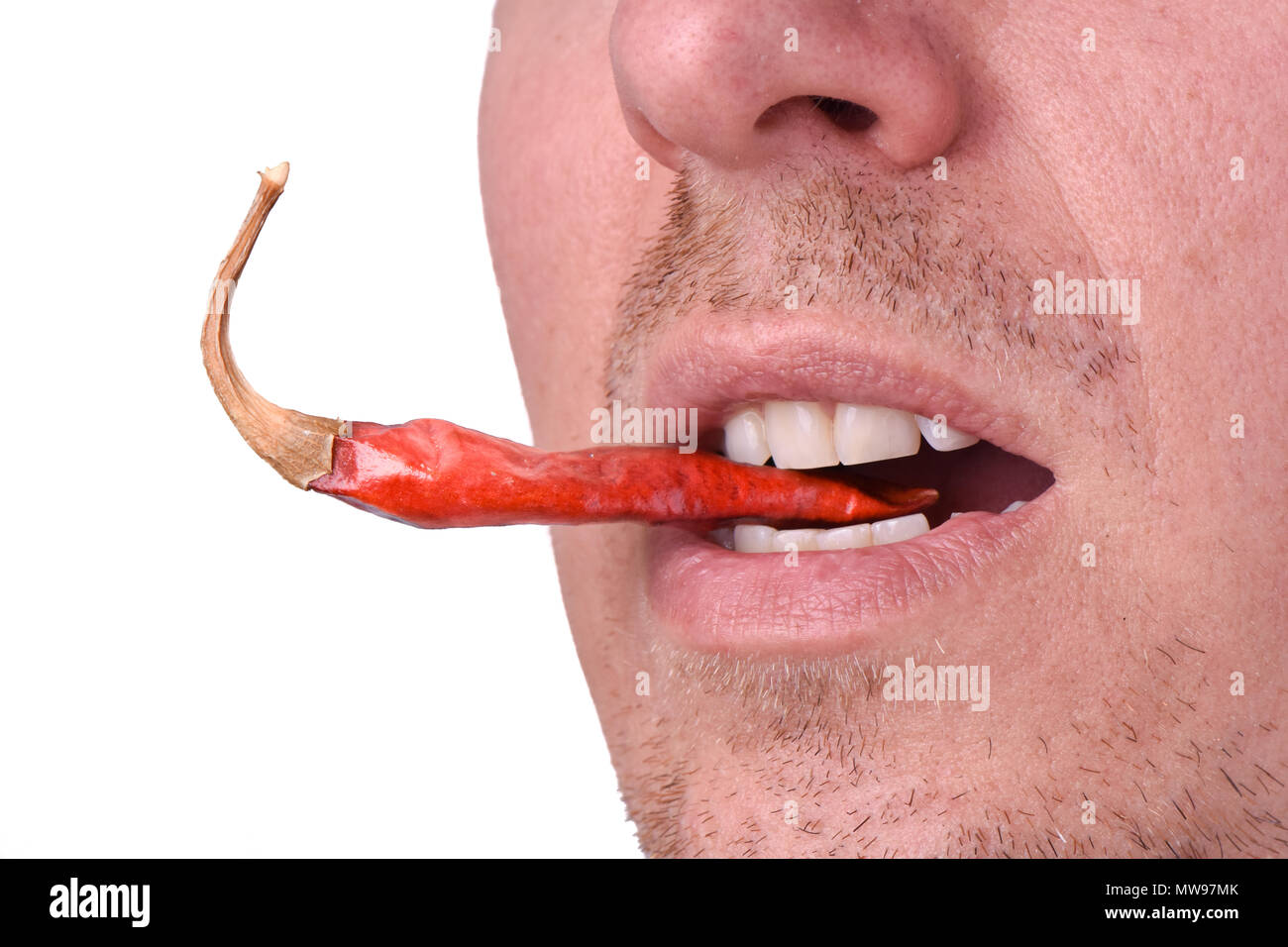 Bearded man eating a spicy red hot pepper on a white background Stock Photo