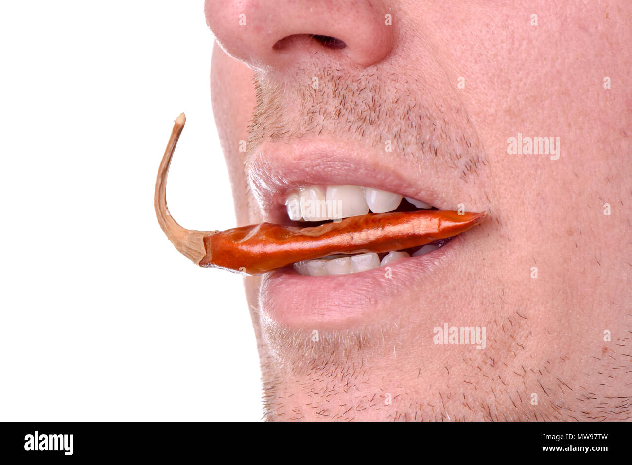 Bearded man eating a spicy red hot pepper on a white background Stock Photo