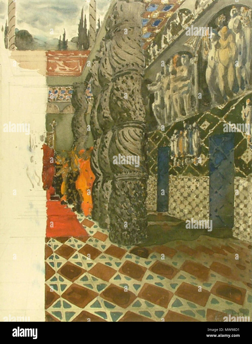 . Léon Bakst (1866 - 1924) Sketch for the Imperial Palace in 'St Sebastien' Salmina-Haskell (1989) 8. Watercolour and bodycolour with touches of gold paint over graphite on off-white paper. Sheet: 375 x 295 mm. Signed in graphite lower right: Bakst The Ashmolean Museum, Oxford. Bequeathed by Mikhail Vasil'evich Braikevitch, 1949; WA1949.378. 20th century. Bakst 400 Marthyre de S. Sebastien by L. Bakst 13 Stock Photo
