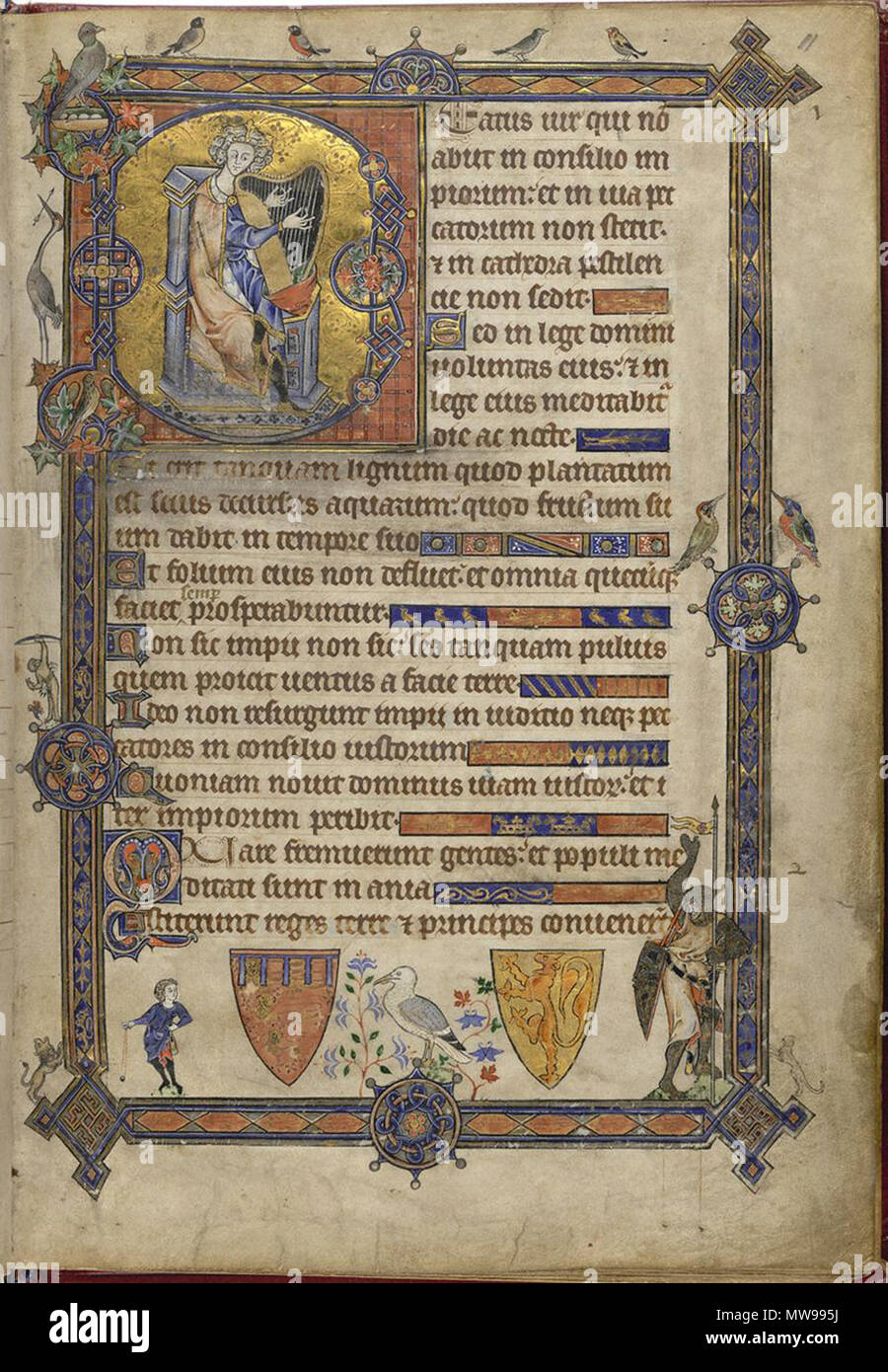 English: Alphonso Psalter Historiated initial 'B'(eatus) of King David  playing the harp, with a bas-de-page scene of David and Goliath, and a full  bar border, Additional 24686, f. 11 Français :