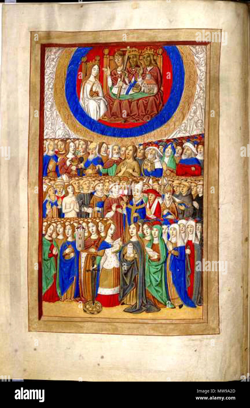 . Folio 55 verso from a Book of Hours, Coronation of the Virgin, Apostles, Male Saints and Female Saints . This is a remarkably large and lavishly illuminated Book of Hours, combining French and English styles. The first leaf contains a list of obits members of the royal family and of the 4th, 5th, and 6th Earls of Ormond and their wives, so it was probably made for Anne Boleyn's grandfather, Thomas Butler (1426-1515), 7th Earl of Ormond, or a member of his family. It was given in the early 16th century to a chapel at 'Suthwyke', probably Southwick in Hampshire. At the top of this miniature th Stock Photo