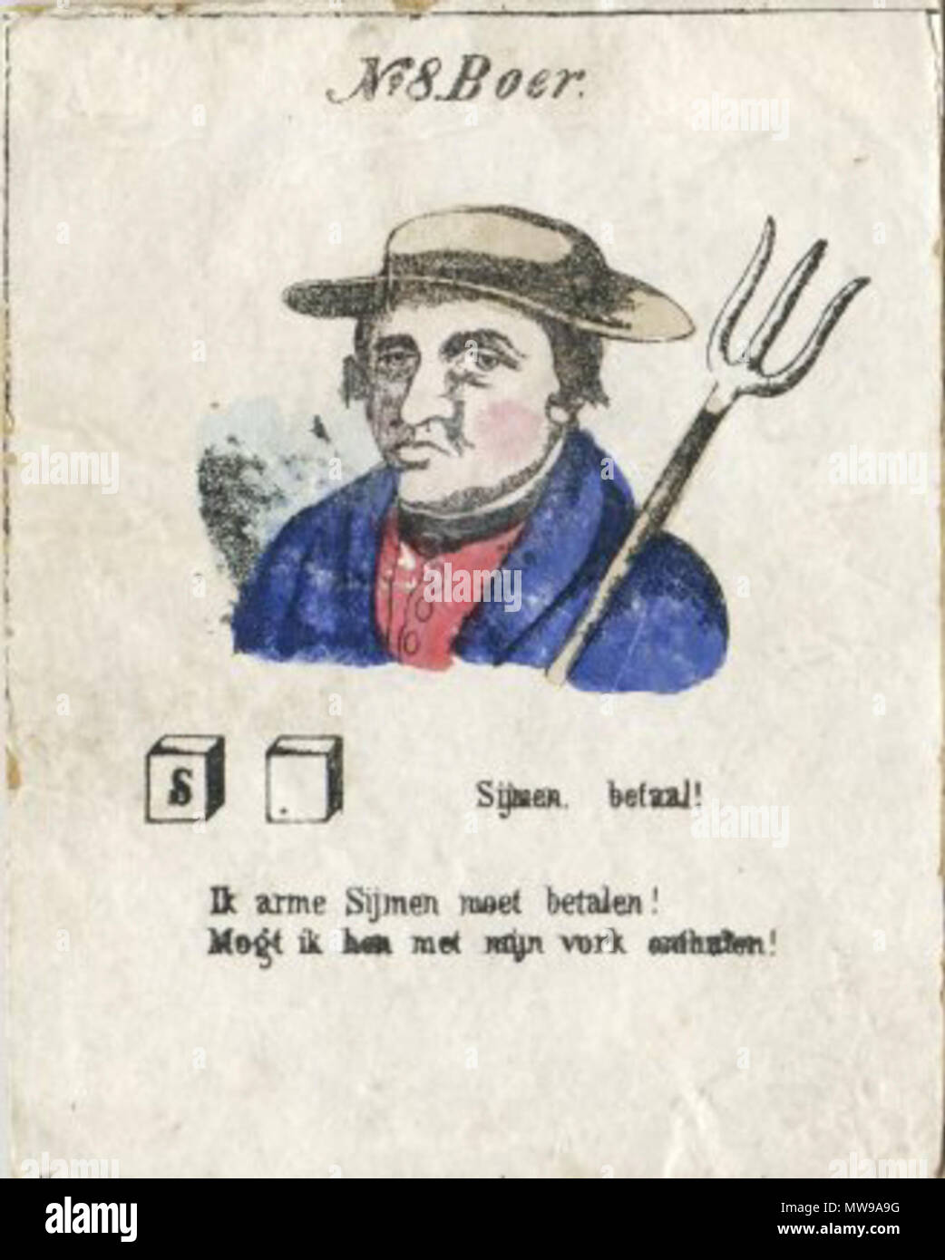 . Nederlands: Boerenschroom-spel, kaart van boer Sijmen . circa 1920. Anoniem (maker staat nergens bij het spel vermeld). 89 Boerenschroom-boersijmen Stock Photo