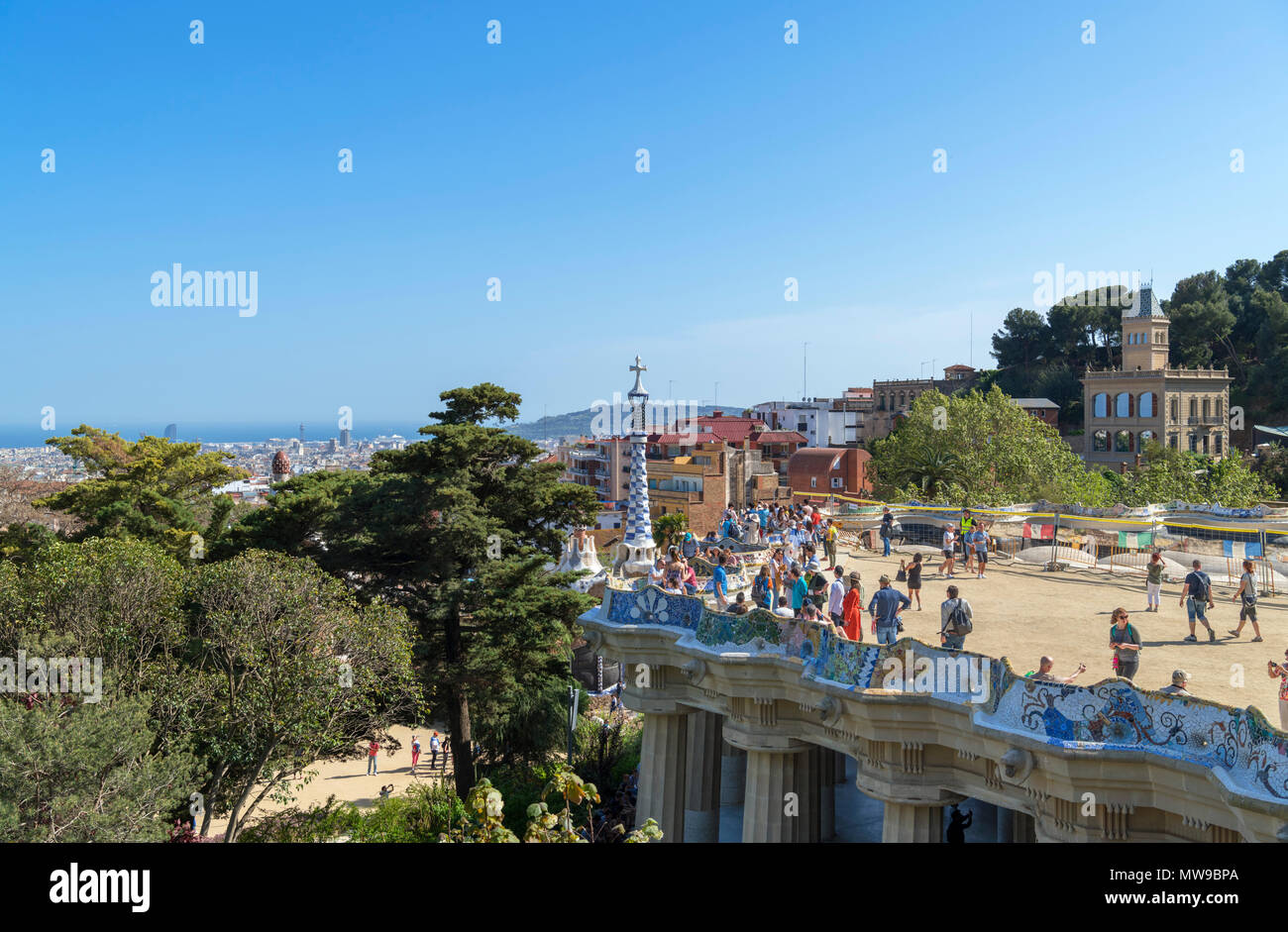 View towards downtown from Park Guell ( Parc Guell ), Gracia, Barcelona, Spain Stock Photo