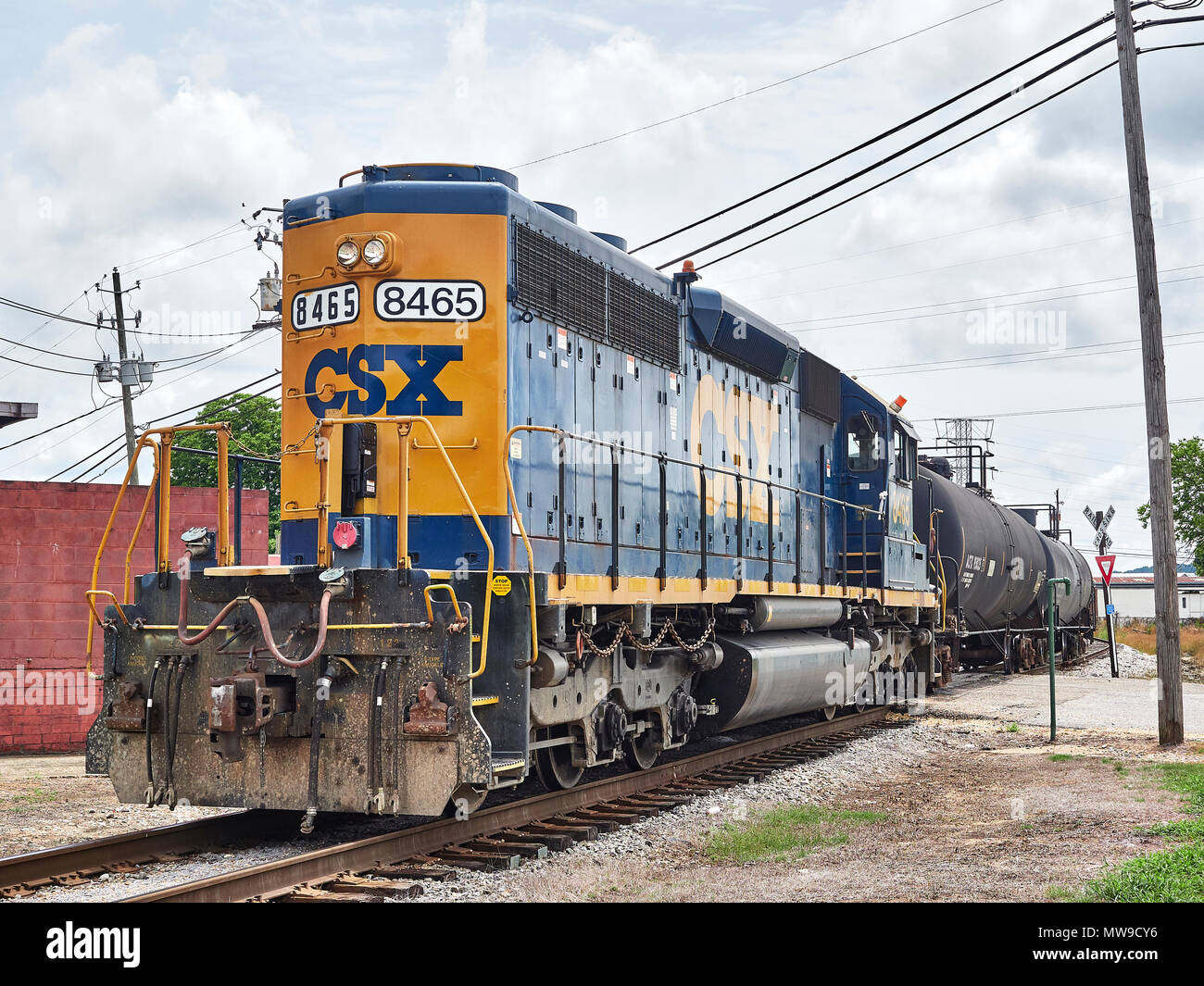 CSX Transportation locomotive, EMD SD40-2, #8465, in switching yard pushing freight cars, in Montgomery Alabama, USA. Stock Photo