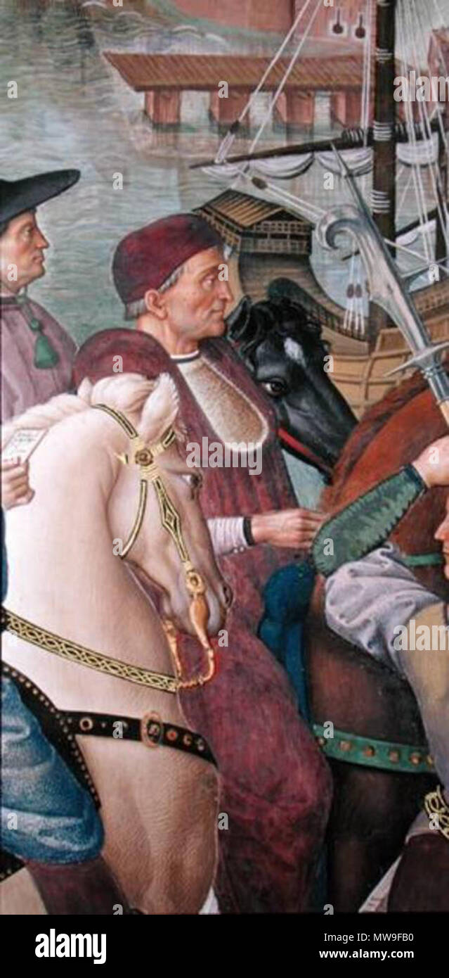 . English: Cardinal Domenico Capranica. Detail from 'Aeneas Sylvius Piccolomini (1405-64) Journeys to the Council of Basel' ([File:Sienne Duomo bibliotheque orage.JPG]) . 7 June 2012. Pinturicchio 112 Cardinal domenico capranica Stock Photo