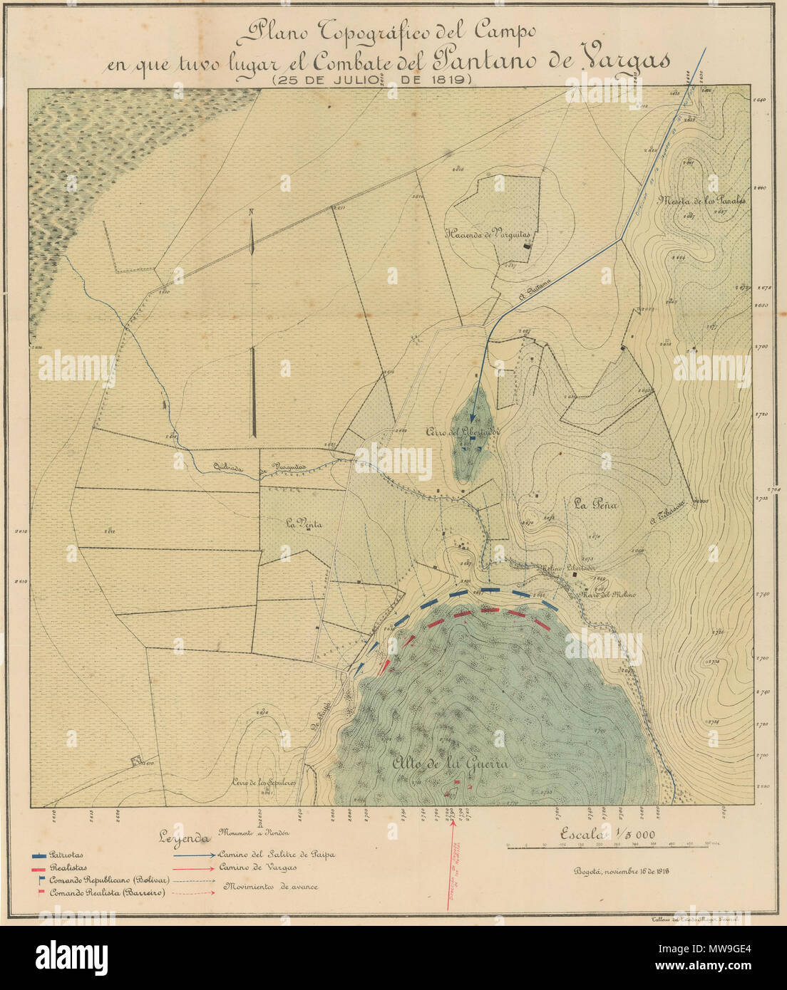 . Français : Carte topographie du champ de bataille lors de la bataille du Pantano de Vargas (25 juillet 1819) Español: Plano topográfico del campo en que tuvo lugar el combate del Pantano de Vargas (25 de julio de 1819) . 19th century. Talleres del Estado Mayor General 115 Carte Bataille du Pantano de Vargas Stock Photo