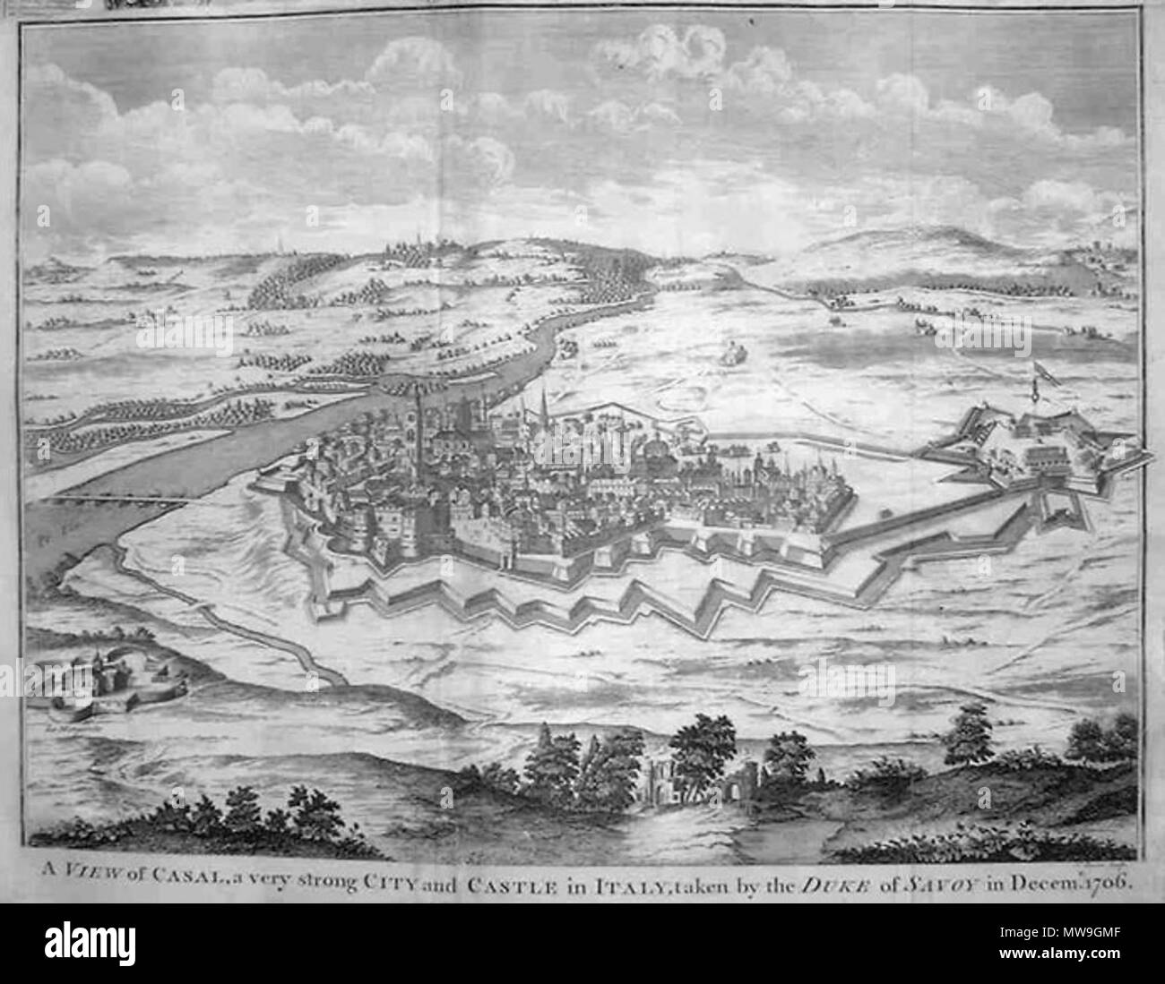. A View of Casal (today Casale Monferrato) ‘a very strong city & castle in Italy taken by the Duke of Savoy in Decem. 1706’, copper engraving, 35 x 48cm . 1745, London. Basire-Rapin 116 Casal-1745 Stock Photo
