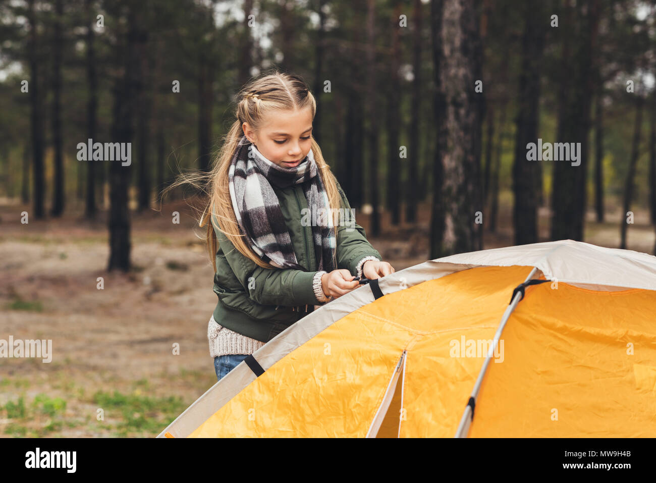 beautiful little kid installing camping tent Stock Photo