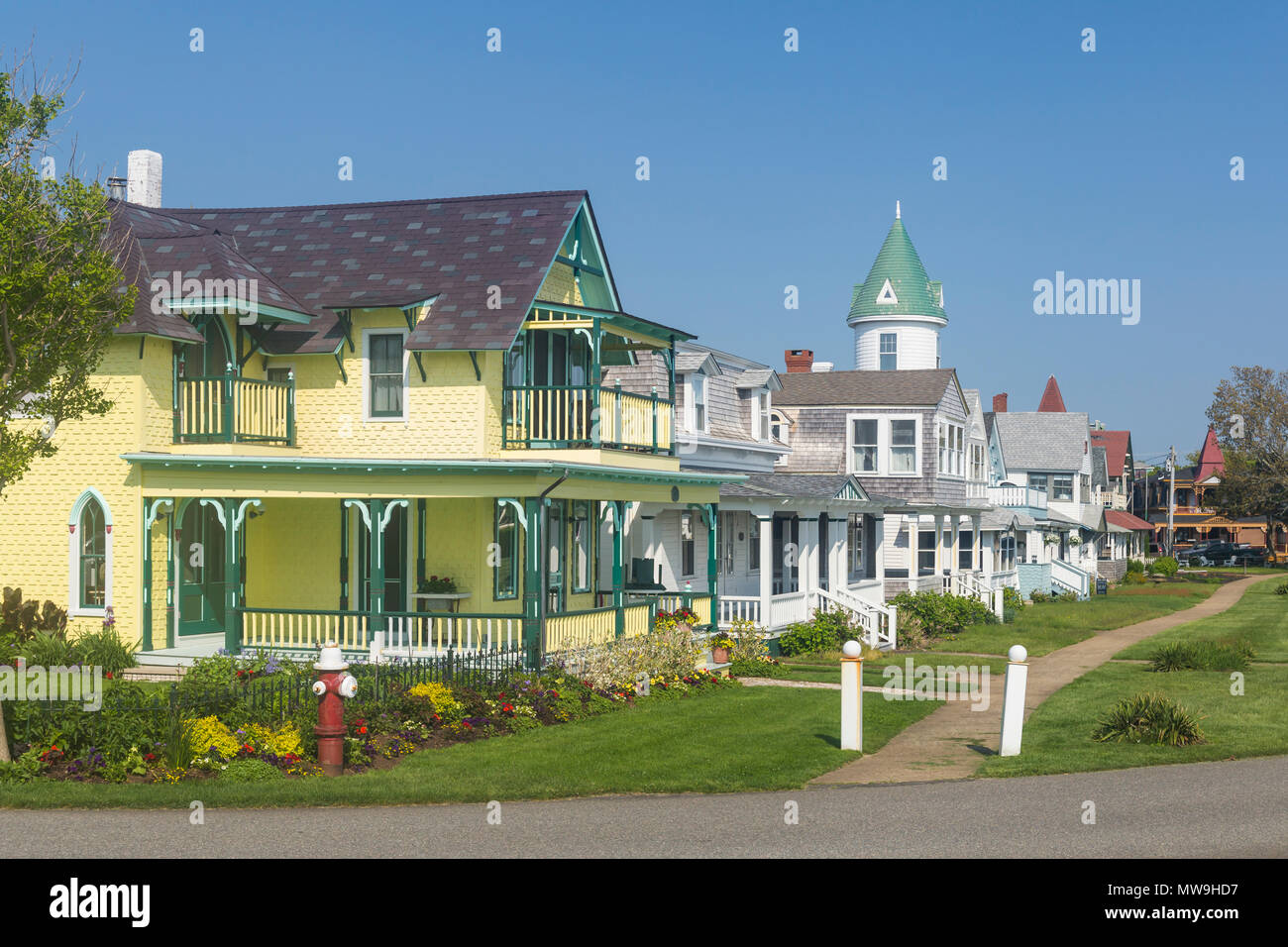 Victorian era homes on Ocean Avenue in Oak Bluffs, Massachusetts on Martha's Vineyard. Stock Photo