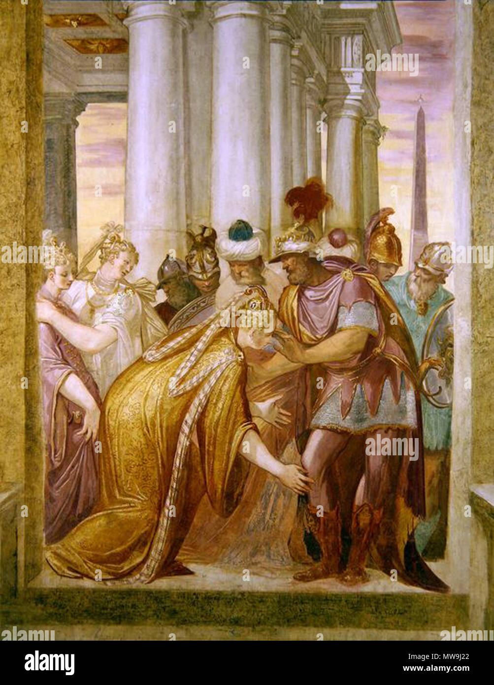 . parete centrale mostra la supplica di Sofonisba a Massinissa . Massinissa was king of Numidia and Sofonisba the daughter of his enemy and later his wife . C16  120 Central wall depicting Sophonisba requesting help from Massinissa (C16) Stock Photo