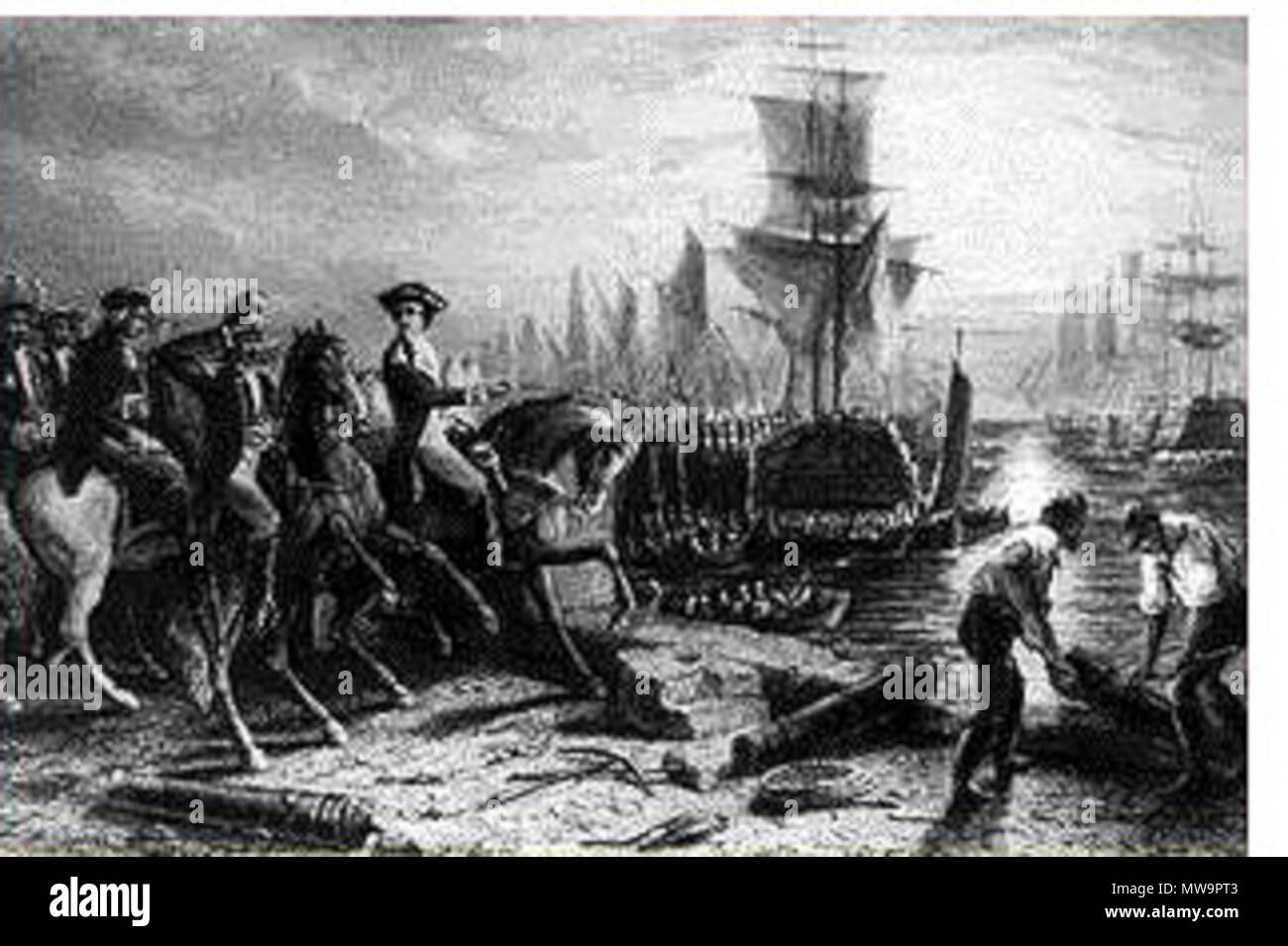 .  English: An engraving depicting the British evacuation of Boston, March 17, 1776, at the end of the Siege of Boston . circa 1861  557 SiegeBoston Stock Photo