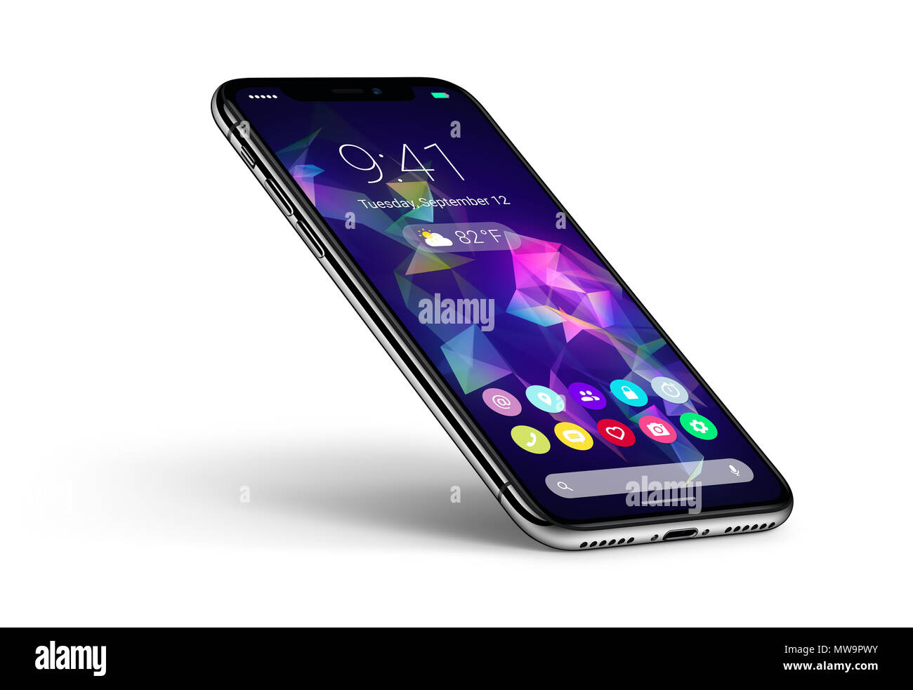 Perspective veiw smartphone concept with material design flat UI interface similar to Android P. Stock Photo