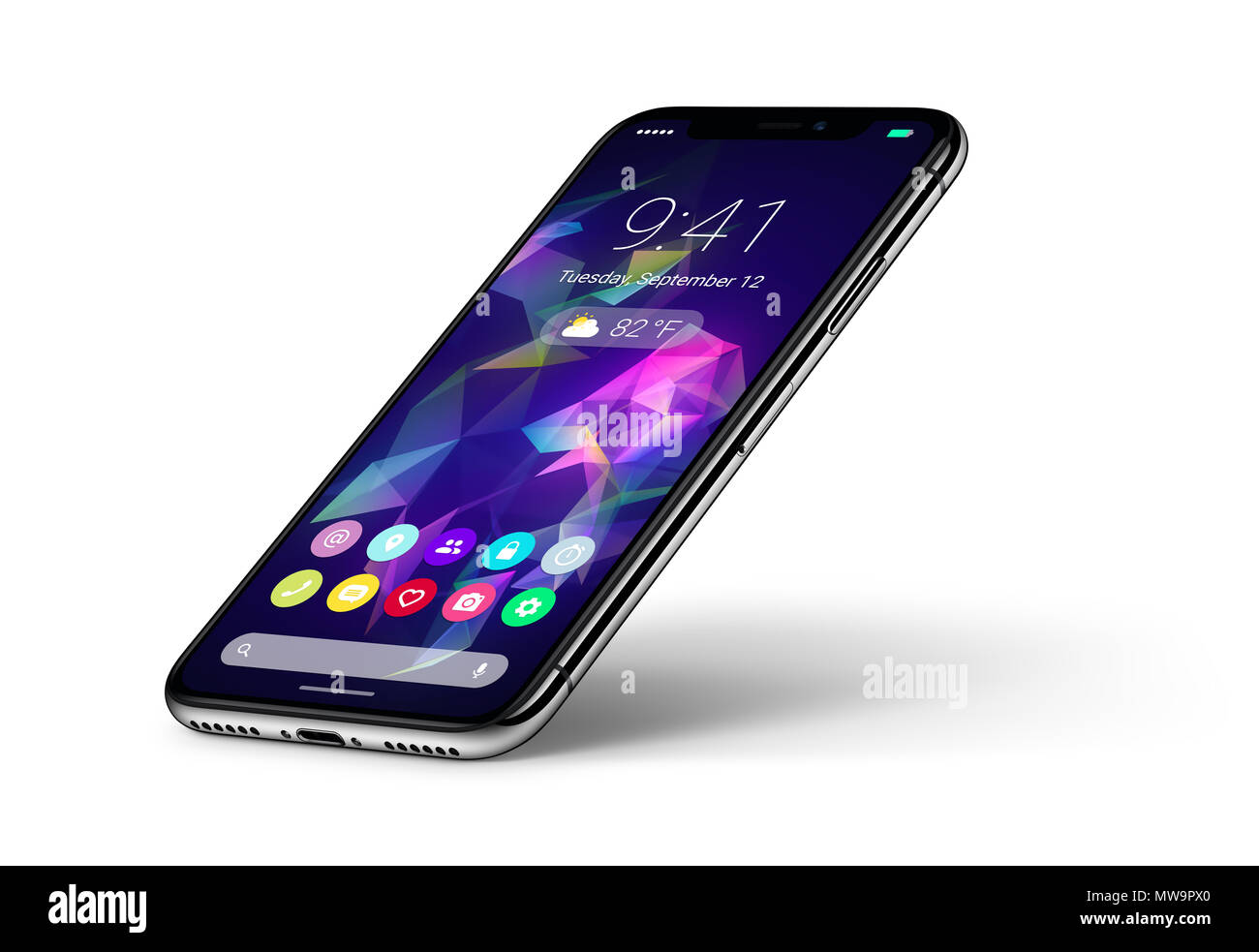 Perspective veiw smartphone concept with material design flat UI interface similar to Android P. Stock Photo