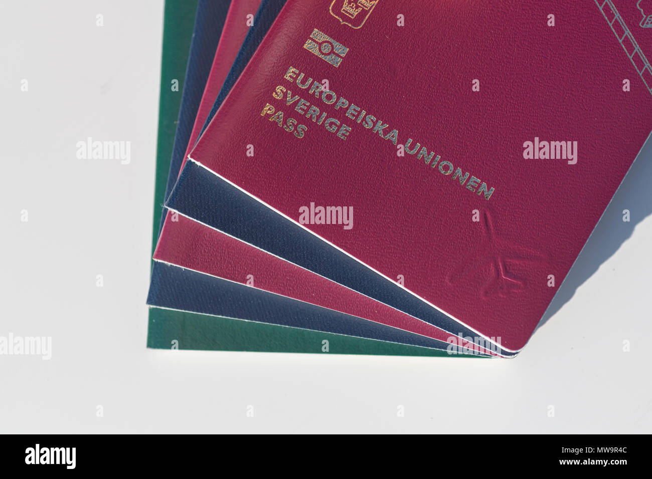 EU Style Red Passport Alongside Dark blue US and Green European