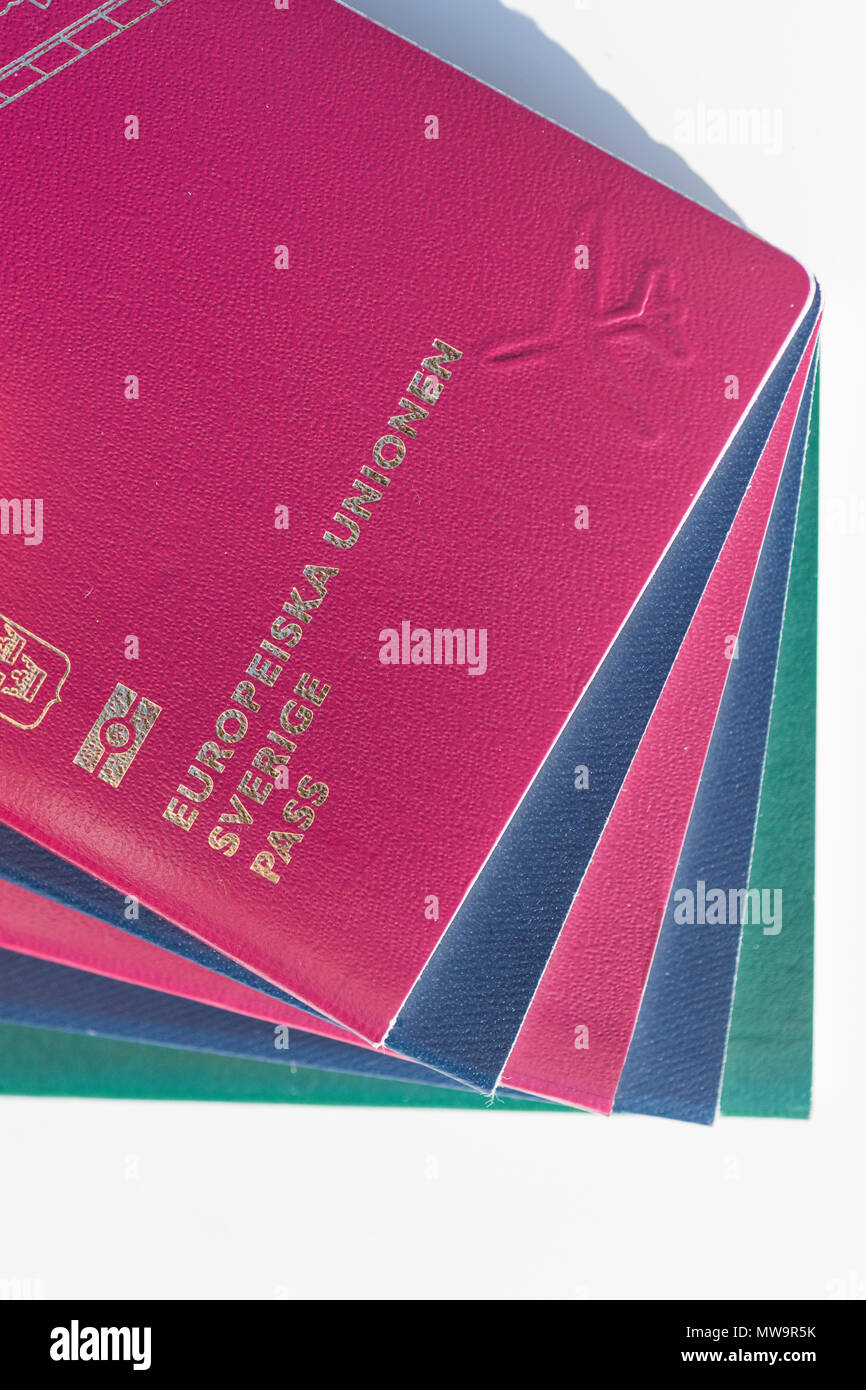 EU Style Red Passport Alongside Dark blue US and Green European
