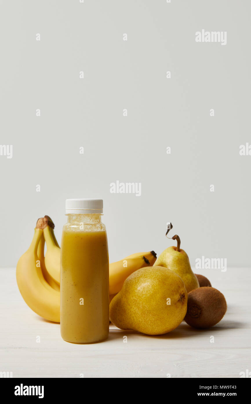 Download Yellow Detox Smoothie In Bottle With Bananas Kiwis And Pears On White Background Stock Photo Alamy Yellowimages Mockups