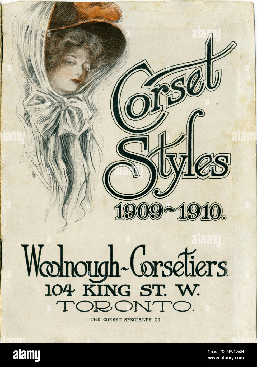 . English: Corset Styles 19091910. WoolnoughCorsetiers. 104 KING ST. W. TORONTO THE CORSET SPECIALTY CO. 1909. Signature W Gande ? Woolnough-Corsetiers 144 CorsetStyles1909-1910 Stock Photo