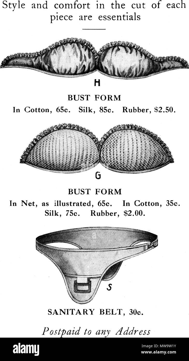English: Style and comfort in the cut of each piece are essentials BUST  FORM In Cotton, 65c. Silk, 85c. Rubber, $2.50. BUST FORM In Net, as  illustrated, 65c. In Cotton, 35c.
