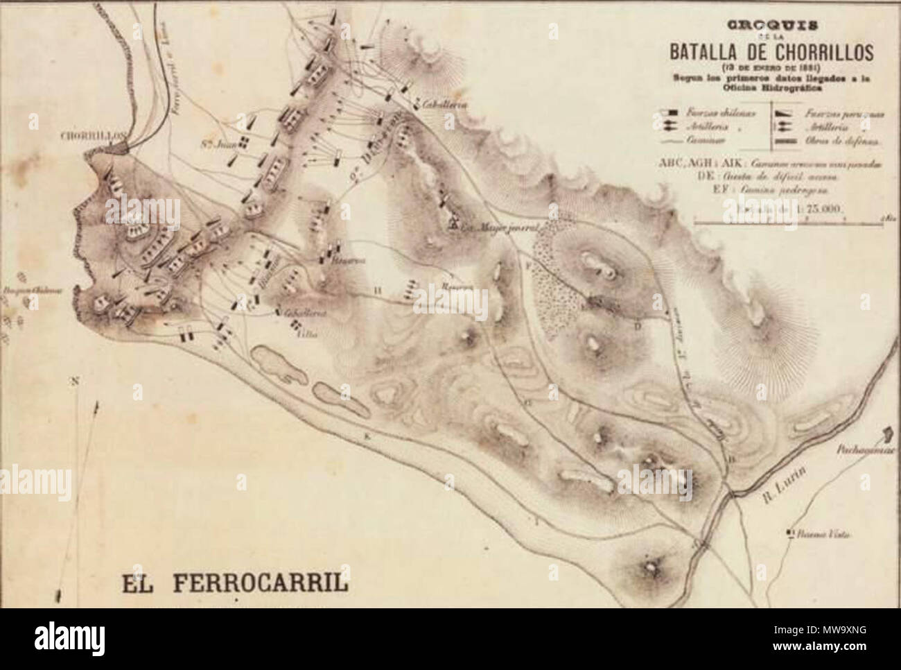 . Croquis de la Batalla de San Juan y Chorrillos. El Ferrocaril ...