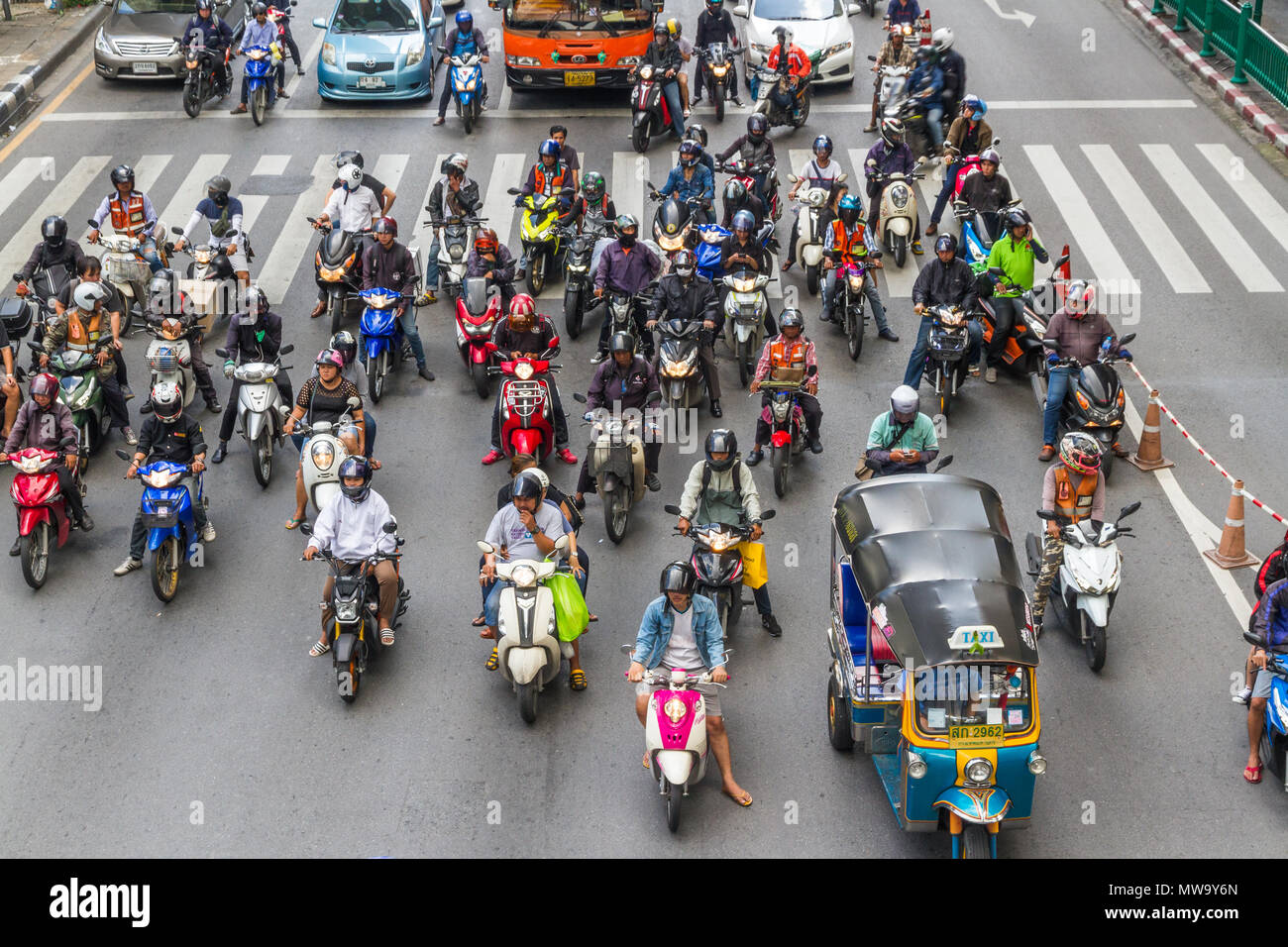 THAILAND AUGUST 30 Bangkok scooters and motorbikes waiting for green