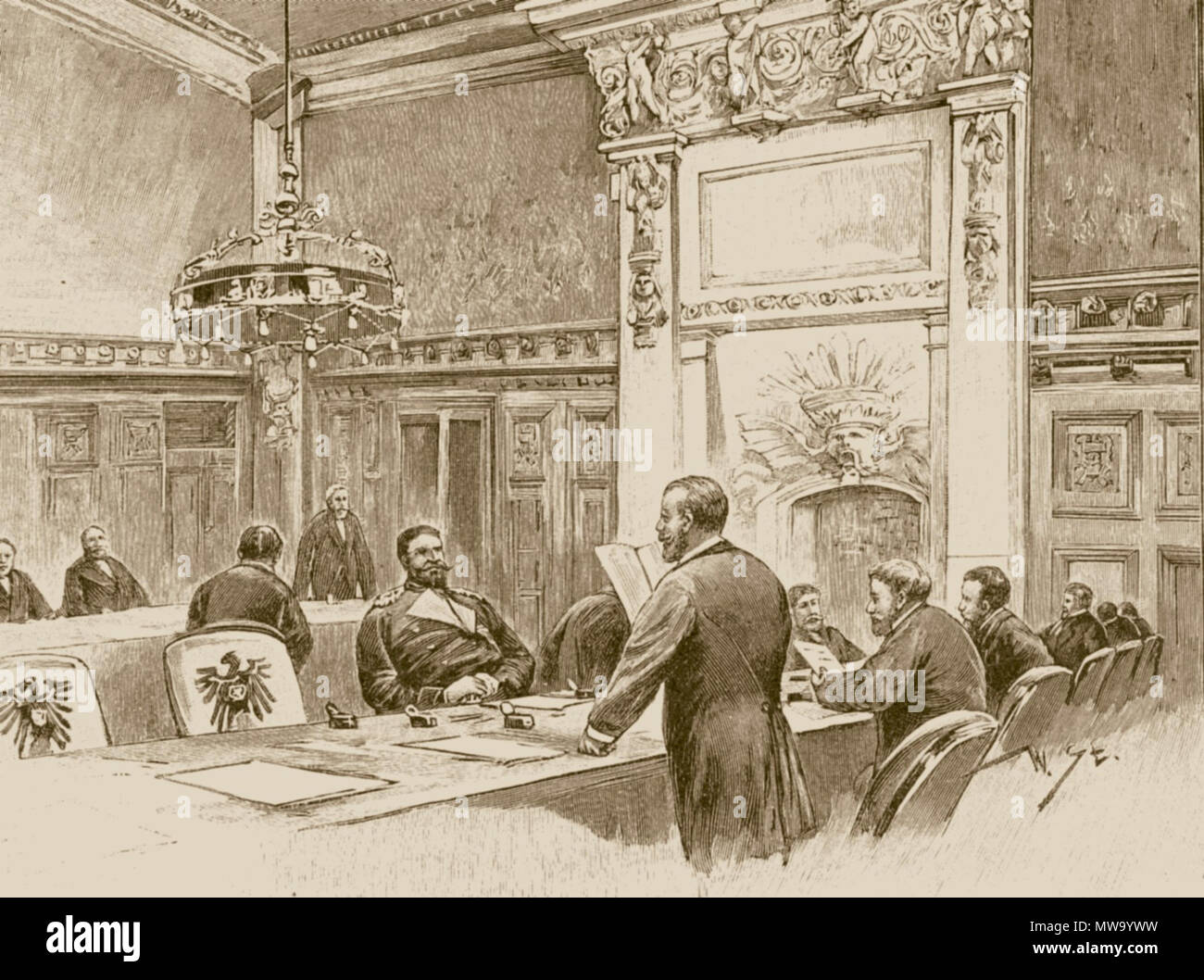 . Deutsch: Der Sitzungssaal des Bundesrates im Reichstagsgebäude, um 1894 English: The chamber of the Bundesrat in the Reichstag Palace, around 1894 Français : La salle des séances du Bundesrat au palais du Reichstag, vers 1894 . 1894. Willy Stöwer († 31 May 1931) 104 Bundesrat-1894 Stock Photo