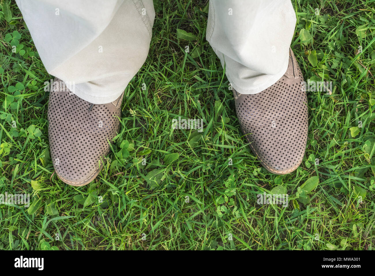 Fragment of legs in light beige trousers and brown shoes against a background of green grass. Stock Photo