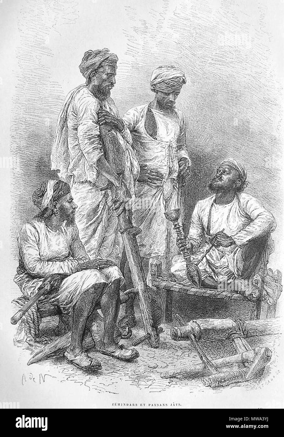 . English: The Rajputs always had to coexist with the Jats: 'Zemindars and Jat Peasants' (Malwa) by A. de Neuville, from 'Le Tour du Monde', 1873; compare . 1873. A. de Neuville 660 Zemindars and Jat Peasants&quot; (Malwa) by A. de Neuville Stock Photo