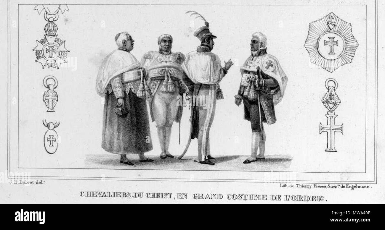 . English: Knights of Christ wearing the gala costumes of the order in Brazil. Crosses of the order are also seen in the margin of the illustration. This order was the most traditional Luso-Brazilian order of knighthood. The order originated in the Portuguese Order of Christ founded by Pope John XXII and King Denis of Portugal in 1318. Today the order is still conferred by the Pope and the Portuguese Republic, but no longer by Brazil. In Brazil the order was known as the 'Imperial Ordem de Nosso Senhor Jesus Cristo'. 1839. Jean Baptiste Debret 126 Chevaliers du Christ Rio de Janeiro by Debret Stock Photo