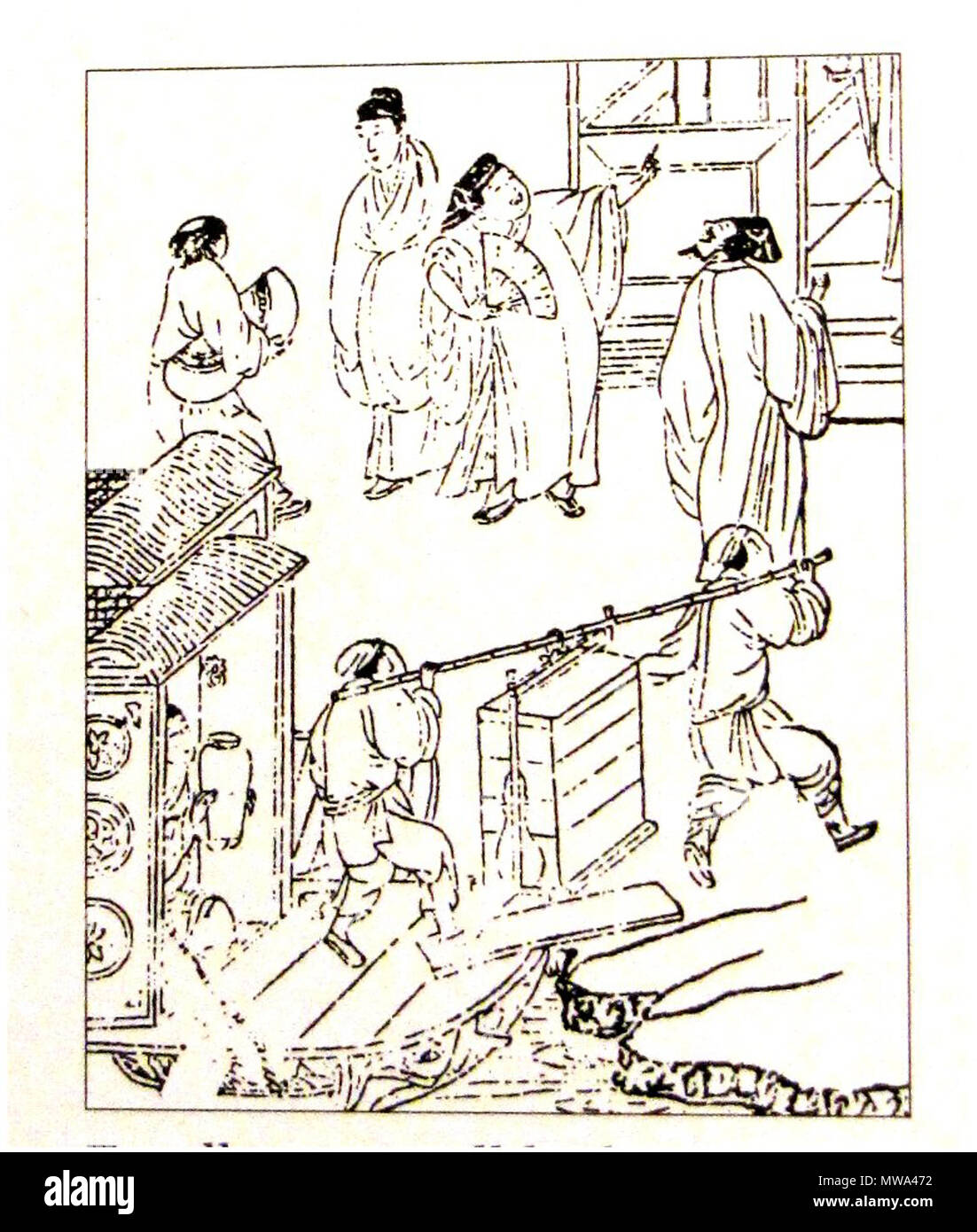 . English: Foodbox carried by two porters using a pole. China Ming dynasty woodblock print. Français : Chine impériale. Boite a nourriture (cantine) portée par deux hommes, servant aux présents de plats préparés pour une noce ou une réception. Xylographie, dynastie Ming tardive. circa 1620. Unknown Ming dynasty artist 127 Chine ming cantine gravure IMG2746 Stock Photo